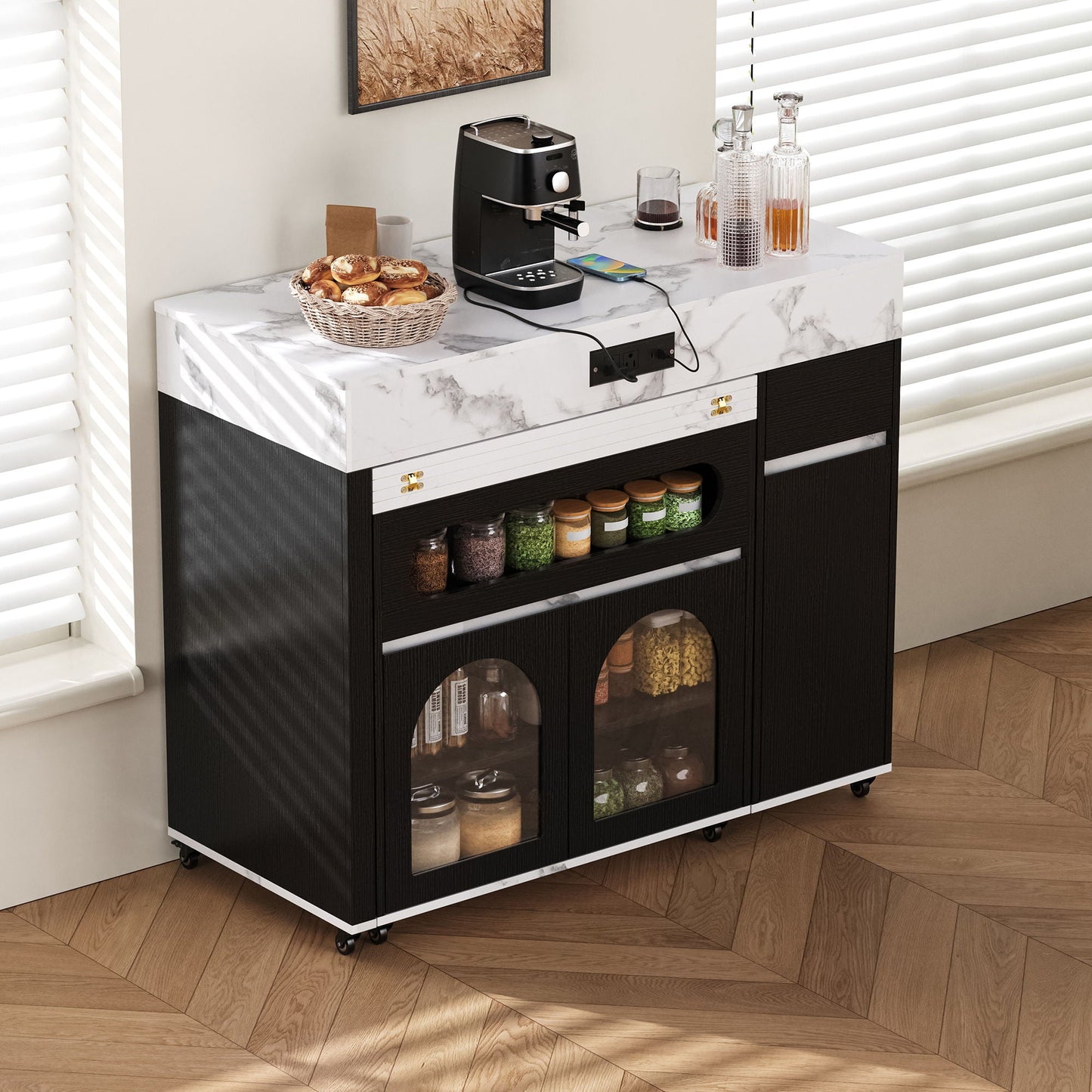 Extendable Dining Table With Folding Top, Rolling Kitchen Island With Drawers And Power Outlet