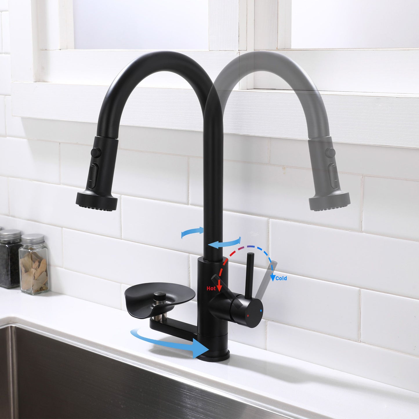 3 In 1 Kitchen Faucet With Press Type Glass Rinser, High Arc Pull Down Sprayer