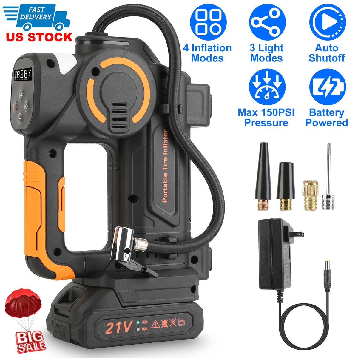 140W 150PSI 21V Battery Powered Tire Inflator Cordless Air Pump  Digital Air Compressor with LED Light for Cars Motorcycles Bicycles Balls