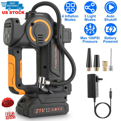 140W 150PSI 21V Battery Powered Tire Inflator Cordless Air Pump  Digital Air Compressor with LED Light for Cars Motorcycles Bicycles Balls