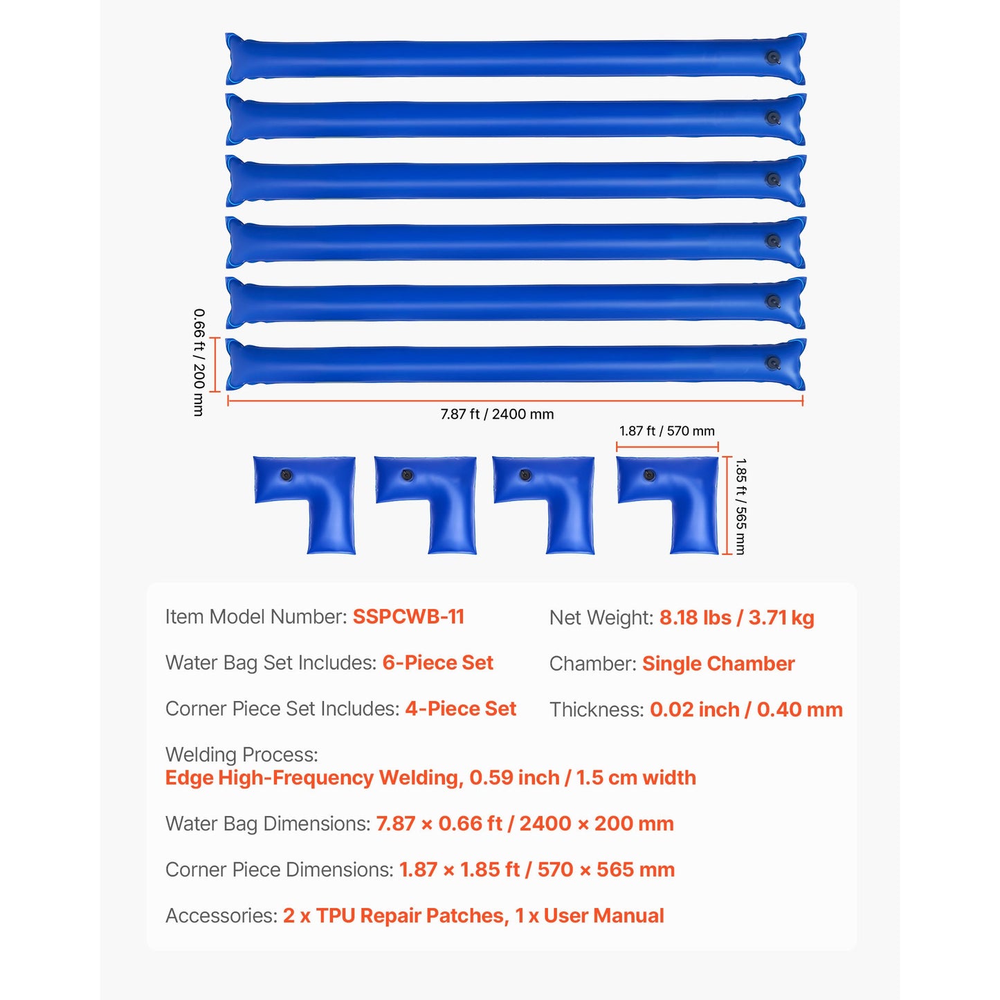 26 Gauge 6-Pack 4ft Single Chamber Pool Cover Water Bags with 4 Corner Water Tubes