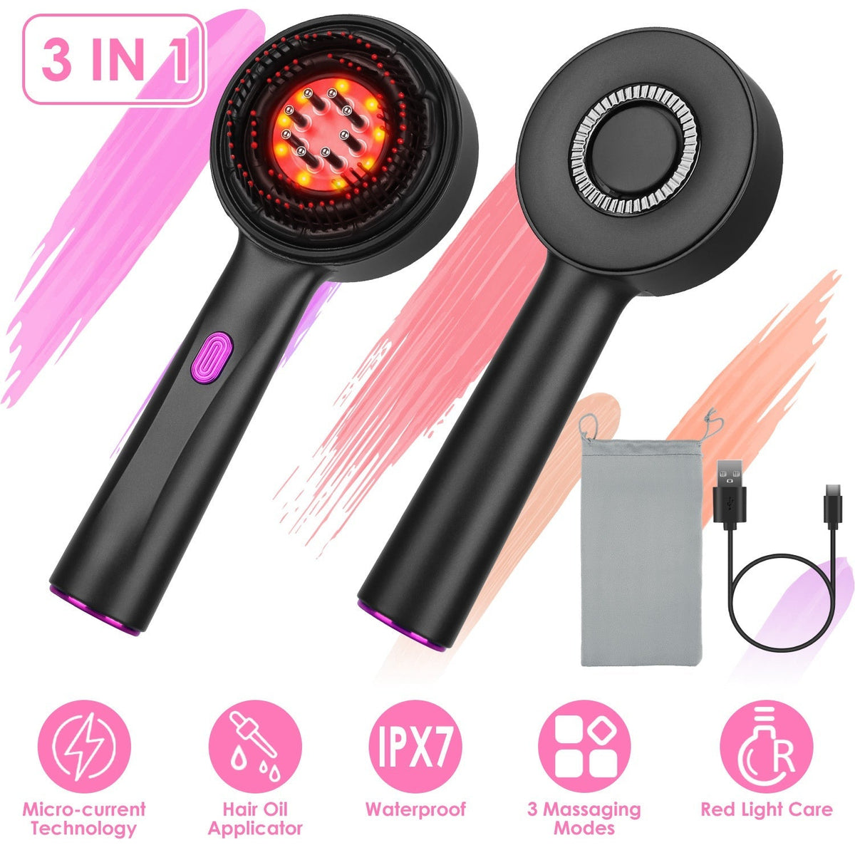 3 In 1 Red Light Scalp Massager Brush Cordless Hair Oil Applicator Massage Comb with 3 Modes Rechargeable IPX7 Waterproof