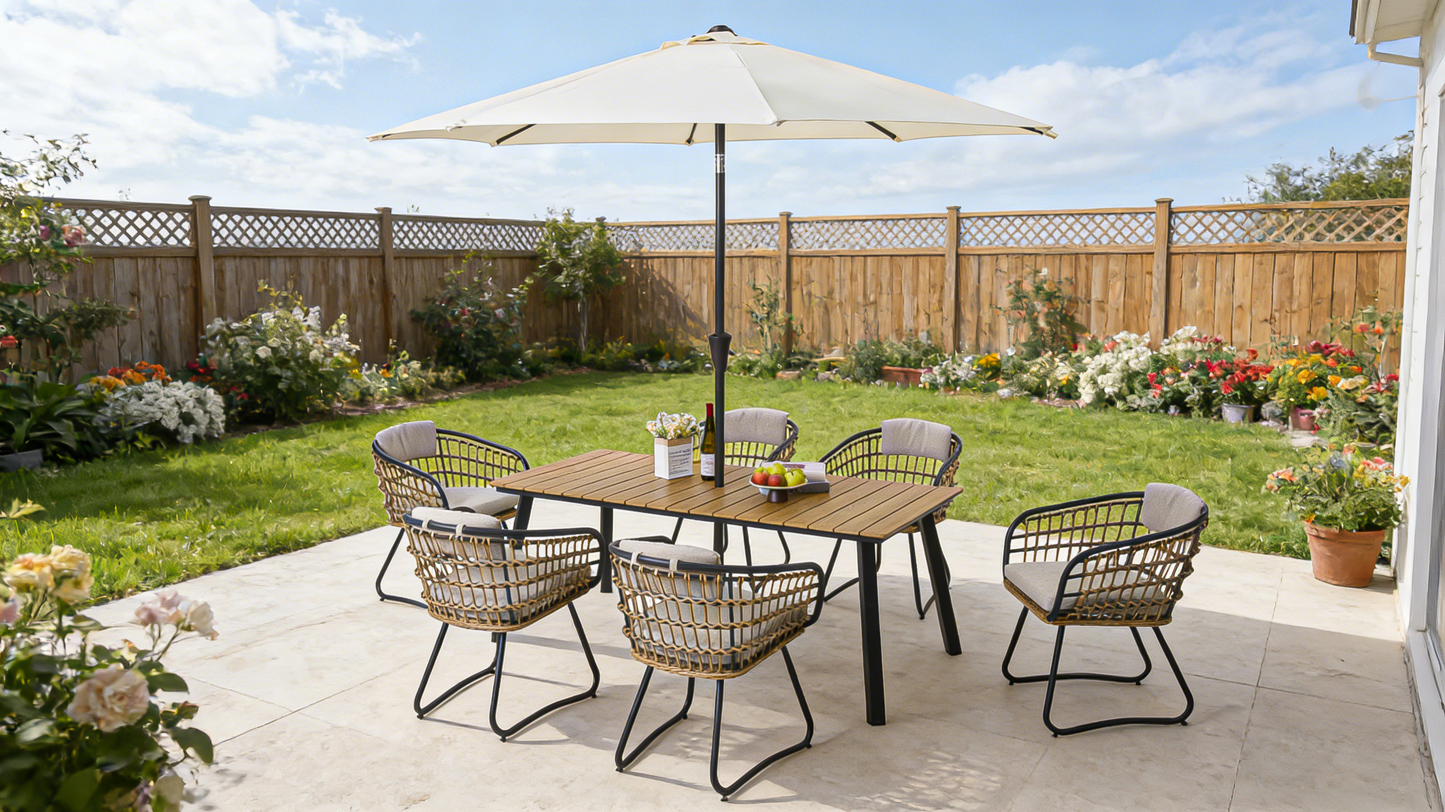 Outdoor Folding Dining Table for 4-6 with Steel Frame and Umbrella Hole