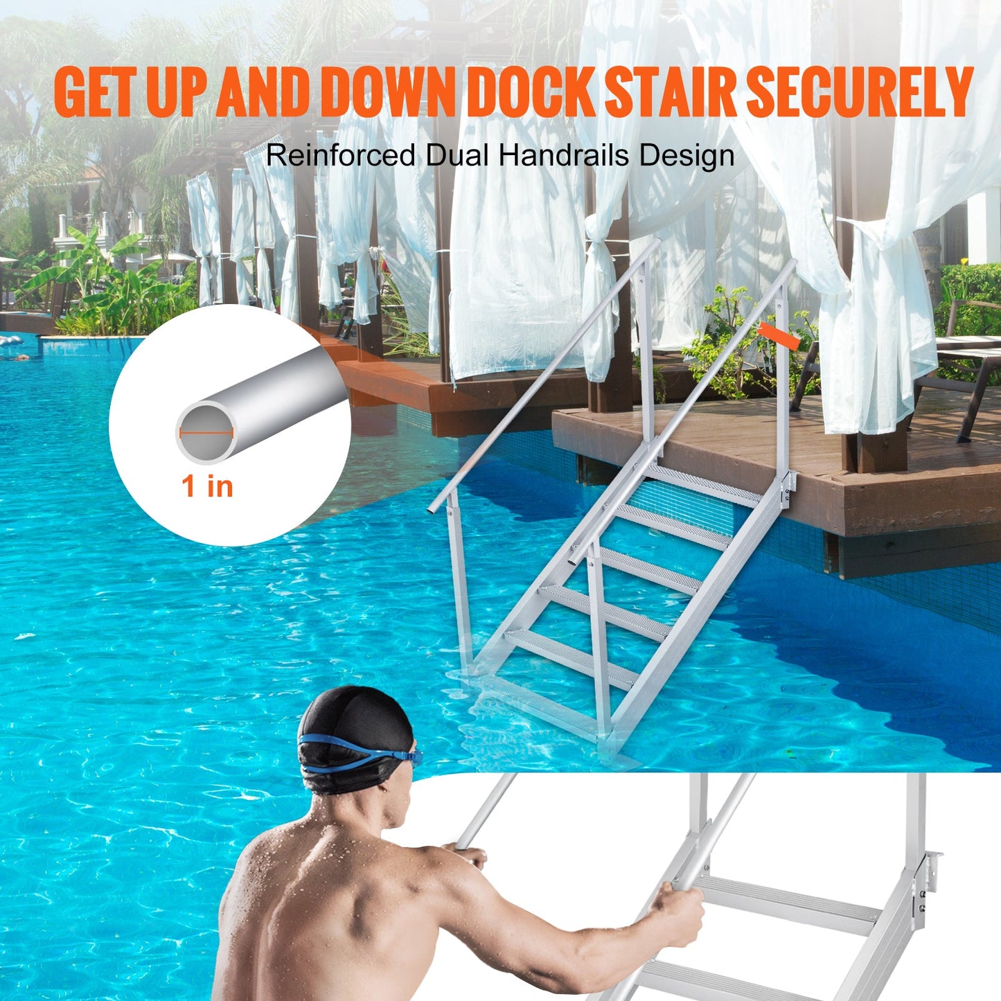 Dock Ladder, 43''-51'' Adjustable Height, 6 Steps with Dual Handrails