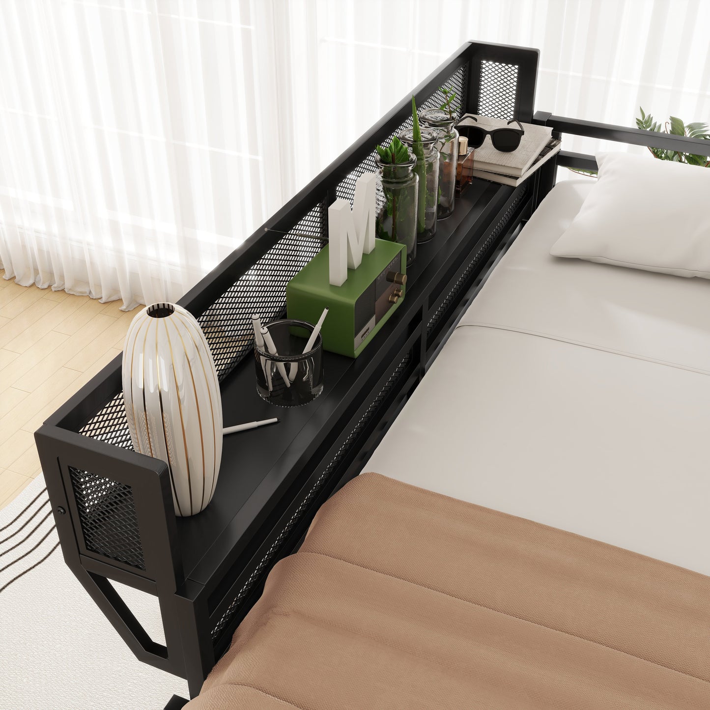 Full Size Loft Bed with Ladder and Storage Shelves