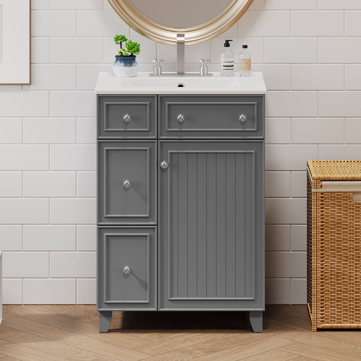 Transitional Style Bathroom Vanity Cabinet With Ceramic Sink