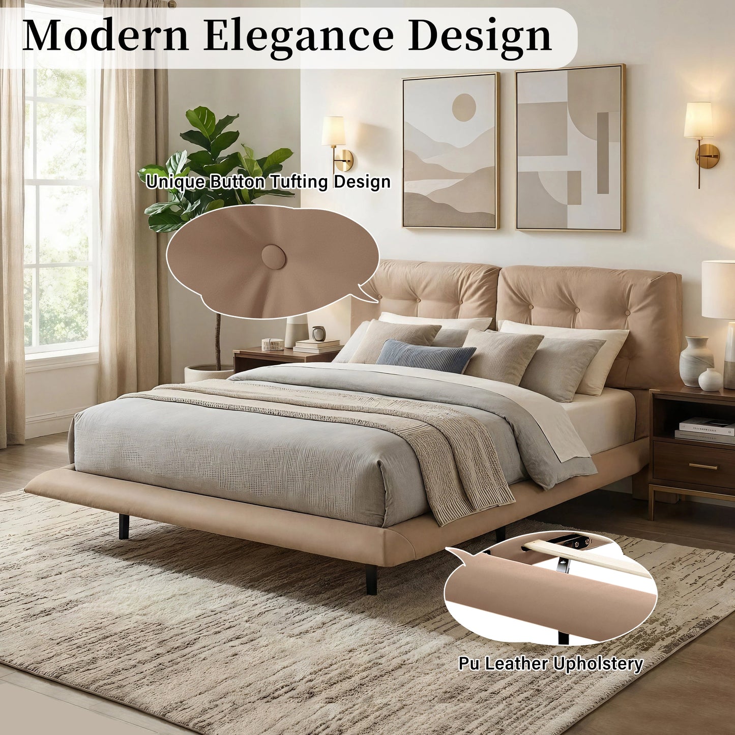 Queen Size Upholstered Floating Bed Frame with LED Lights, Khaki
