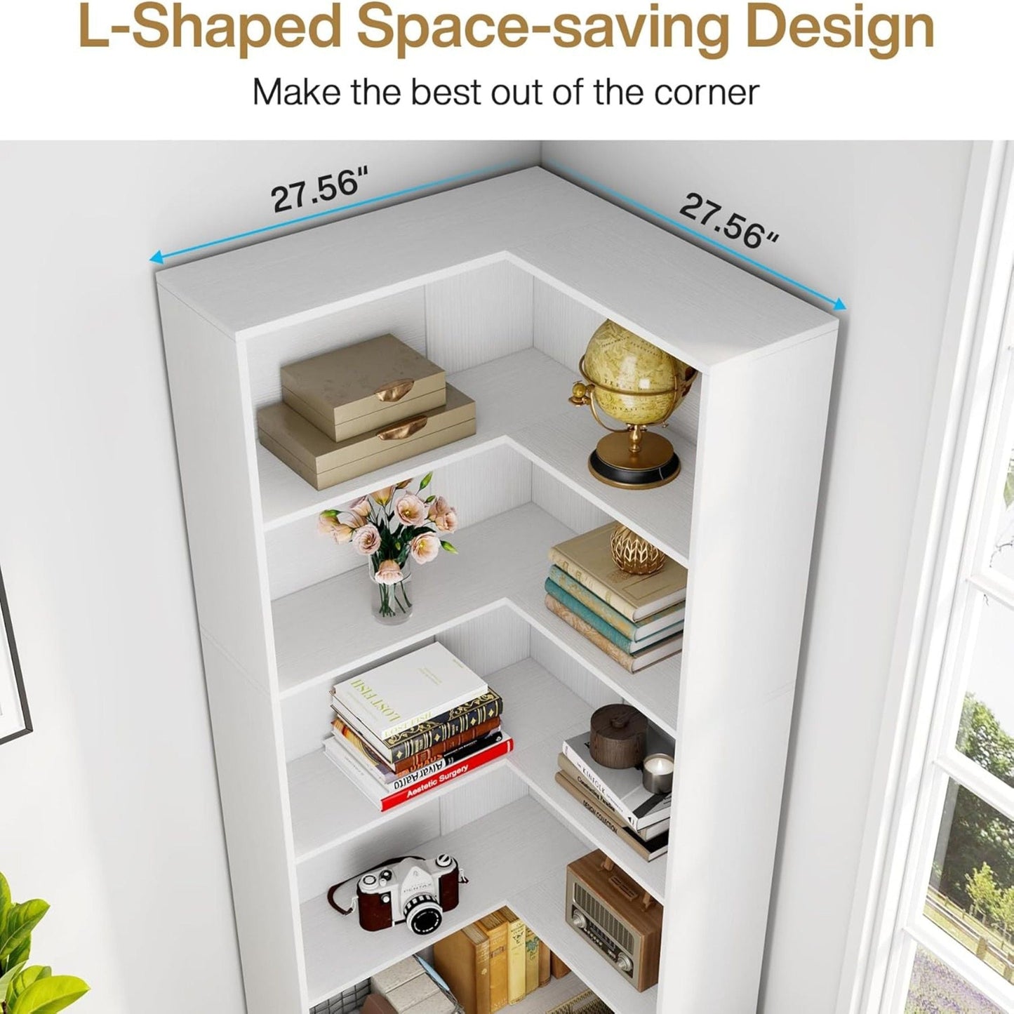 L-Shaped Bookcase, 5 Tier Freestanding Corner Bookshelf