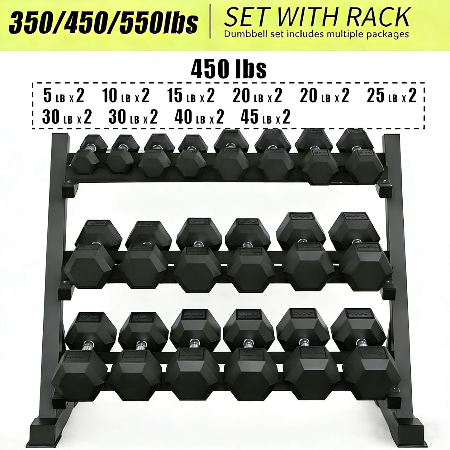 Rovix 450-Pounds Rubber Hex Dumbbell Set With Rack (SAK90714)