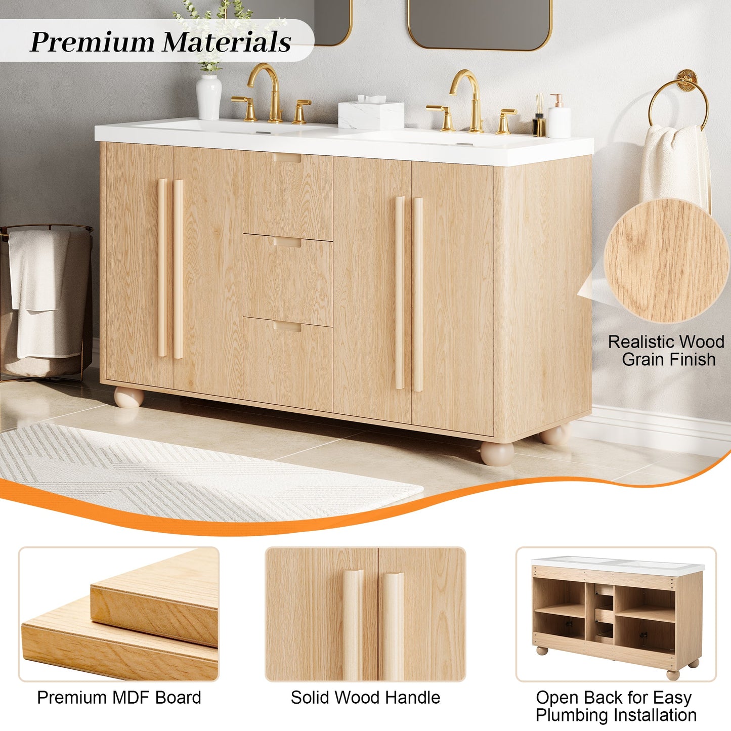 58.3" Bathroom Vanity Cabinet Only with Soft-Close Drawers
