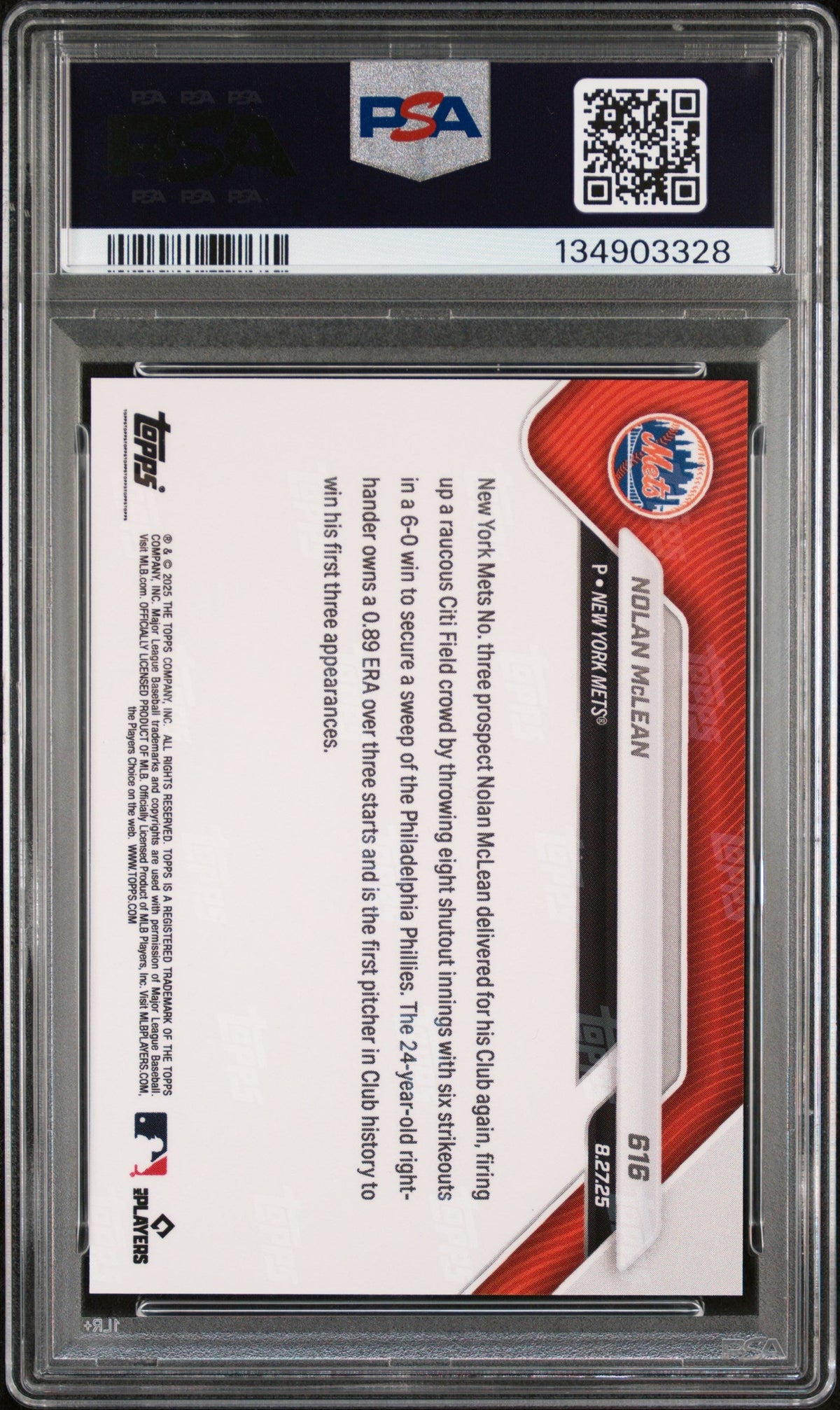 Graded 2025 Topps Now Nolan McLean #616 Rookie RC Baseball Card PSA 10 Gem Mint