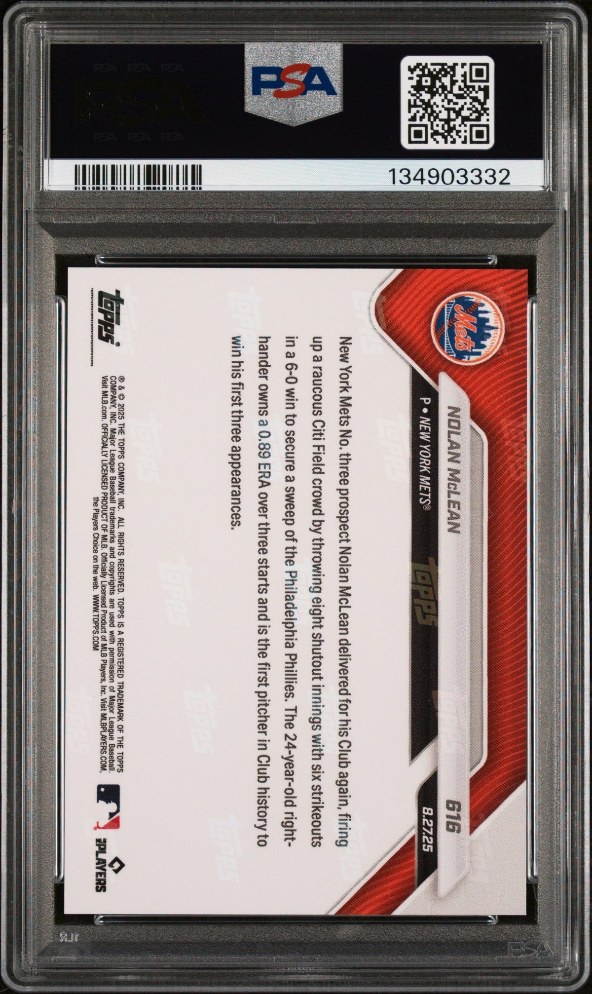 Graded 2025 Topps Now Nolan McLean #616 Rookie RC Baseball Card PSA 9 Mint