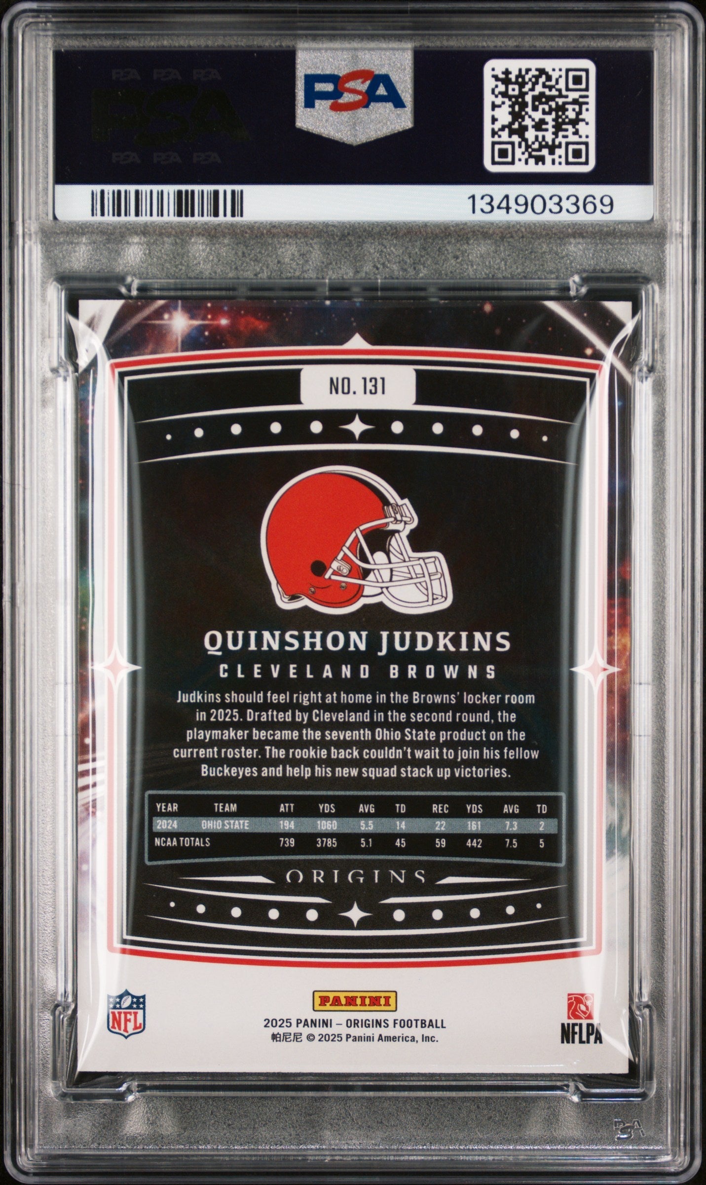 Graded 2025 Panini Origins Quinshon Judkins #131 Rookie RC Football Card PSA 7 Near Mint