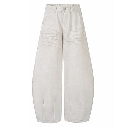 Sprayed and Distressed Denim Tapered Pants with High Street Punk Pocket Design, Loose Wide Leg Long Pants