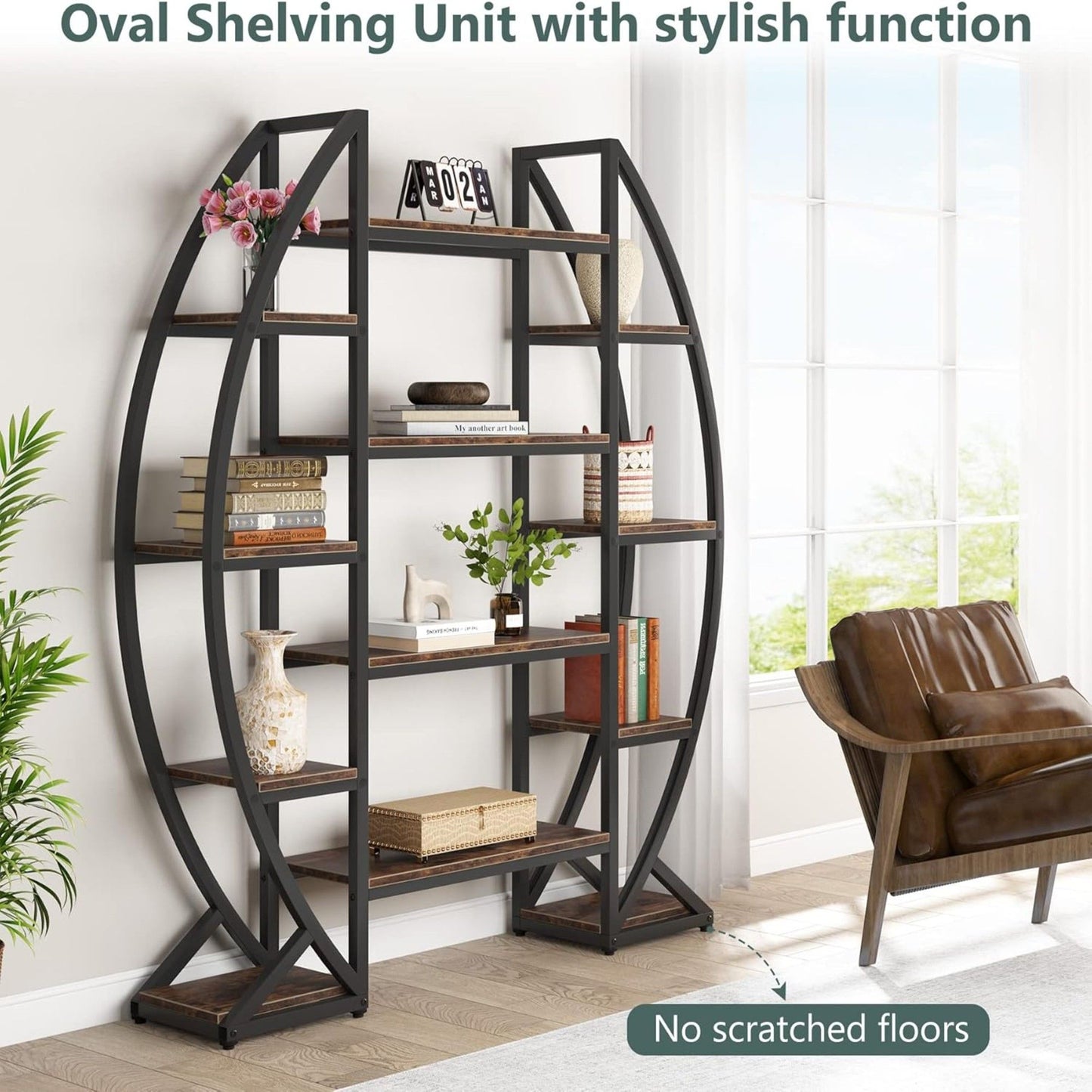 Triple Wide Oval Etagere Bookcase With Shelves For Living Room