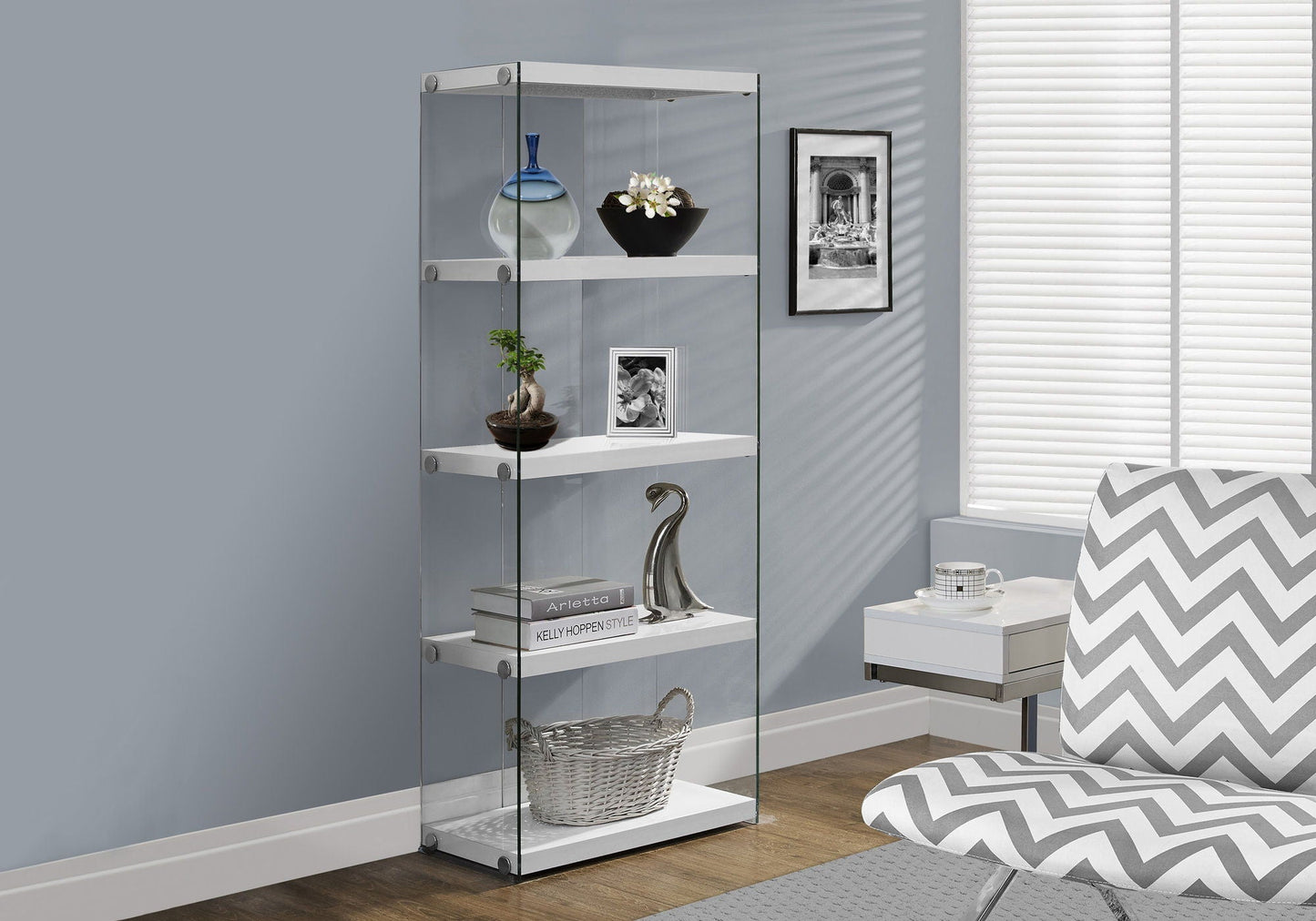 5-Tier White Bookcase with Clear Tempered Glass