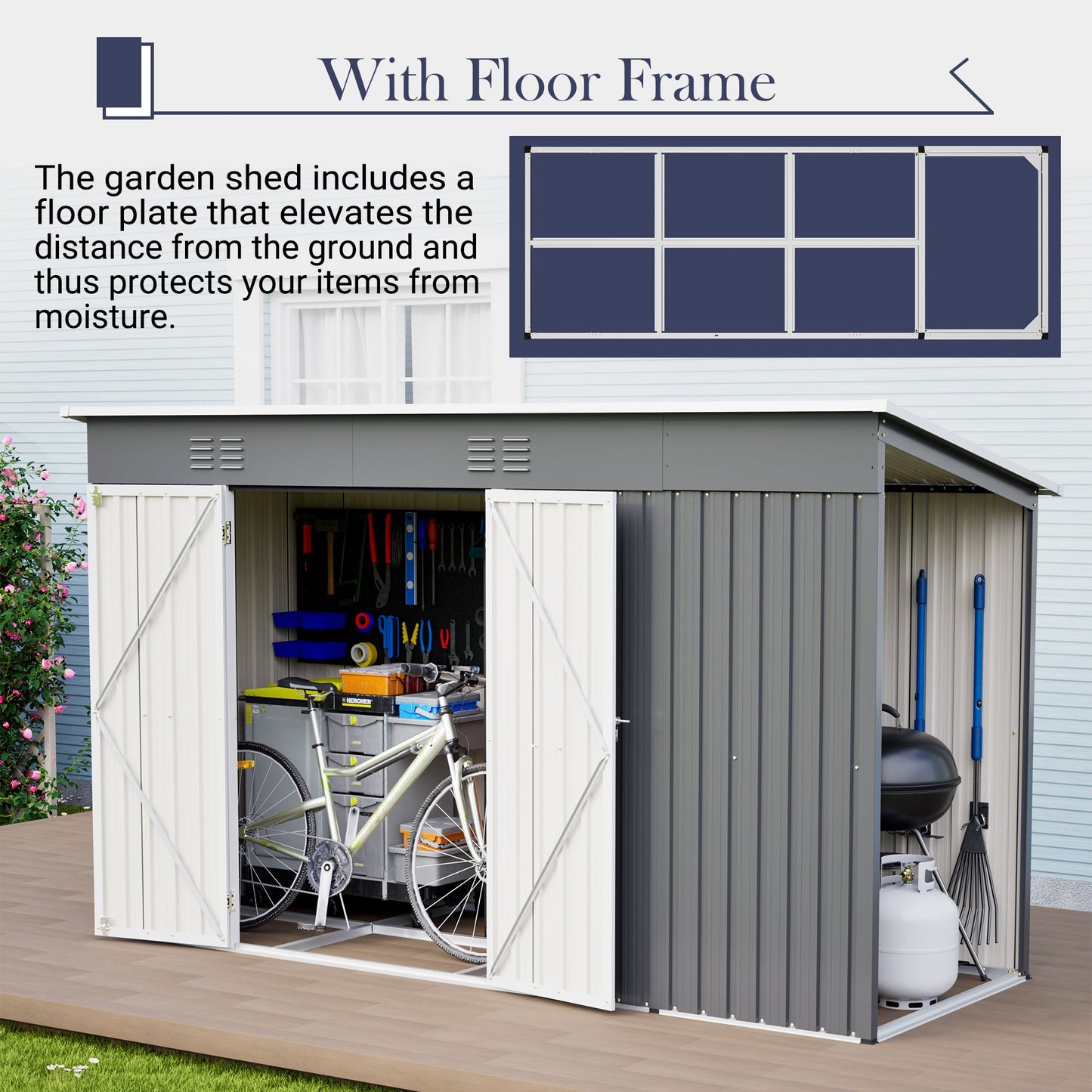 10'x4' Outdoor Metal Storage Shed for Garden Tools Lockable Door With Floor Frame