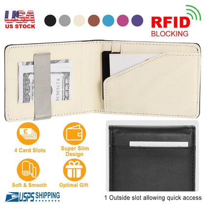 Unisex PU Leather Wallet RFID Blocking Slim Bifold Credit Card Holder with Money Clip
