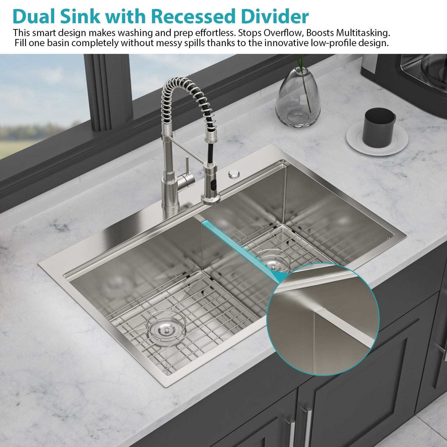 Topmount Drop In Kitchen Sink, Double Bowl Stainless Steel - Brushed Nickel