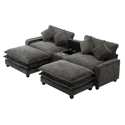Modern Sectional Sofa With Removable Ottomans, USB Ports