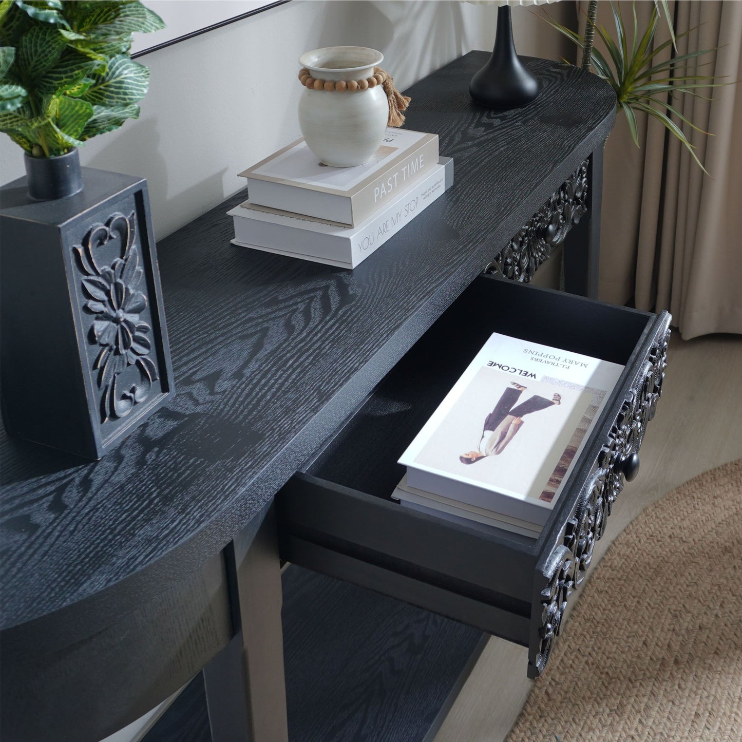 Carved Console Table With Storage Shelf For Living Room - Black