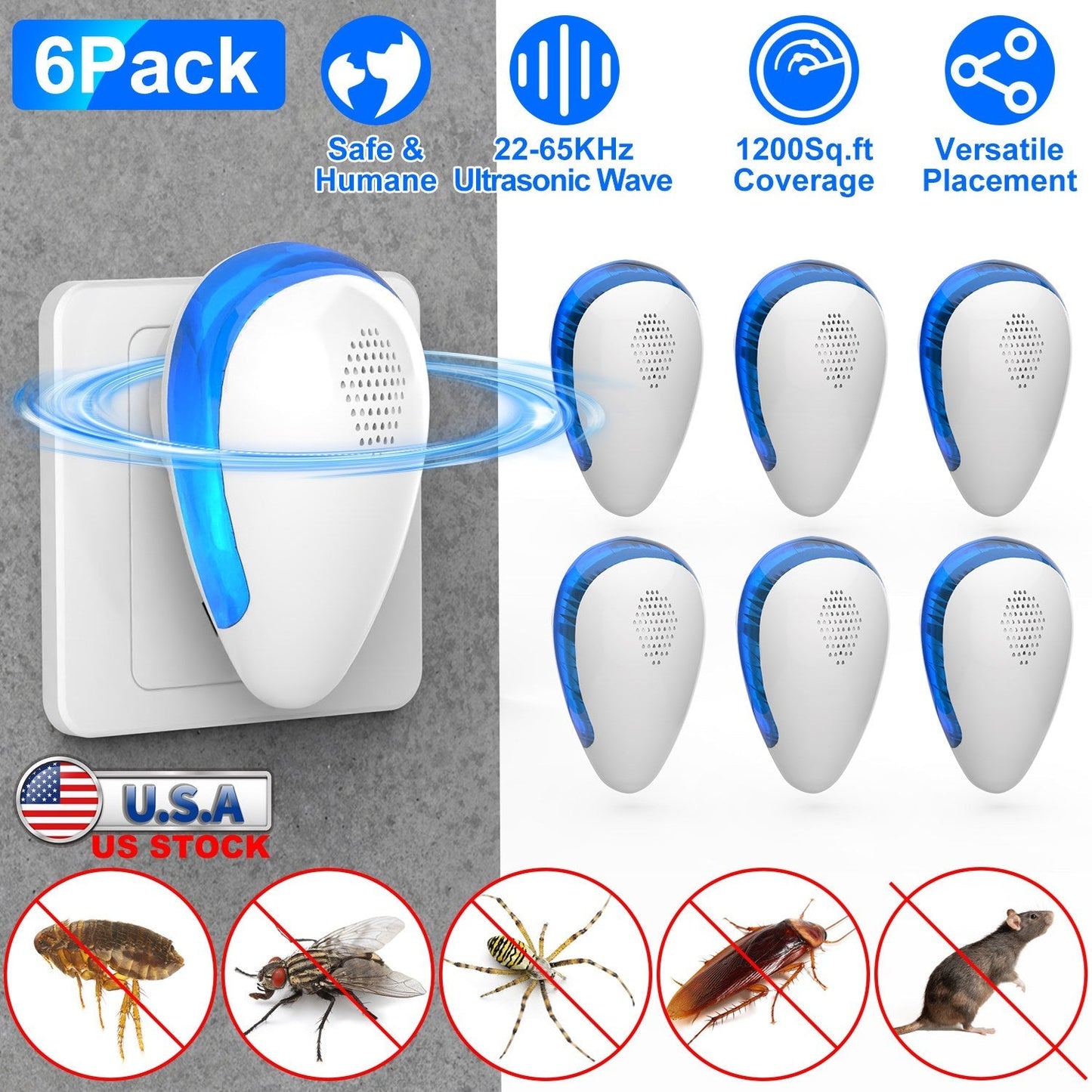 6 Pack Ultrasonic Pest Repeller Indoor Plug In Bug Repellent Mosquito Spider Ant Roaches Mice Control for Bedroom Garage Warehouse Office
