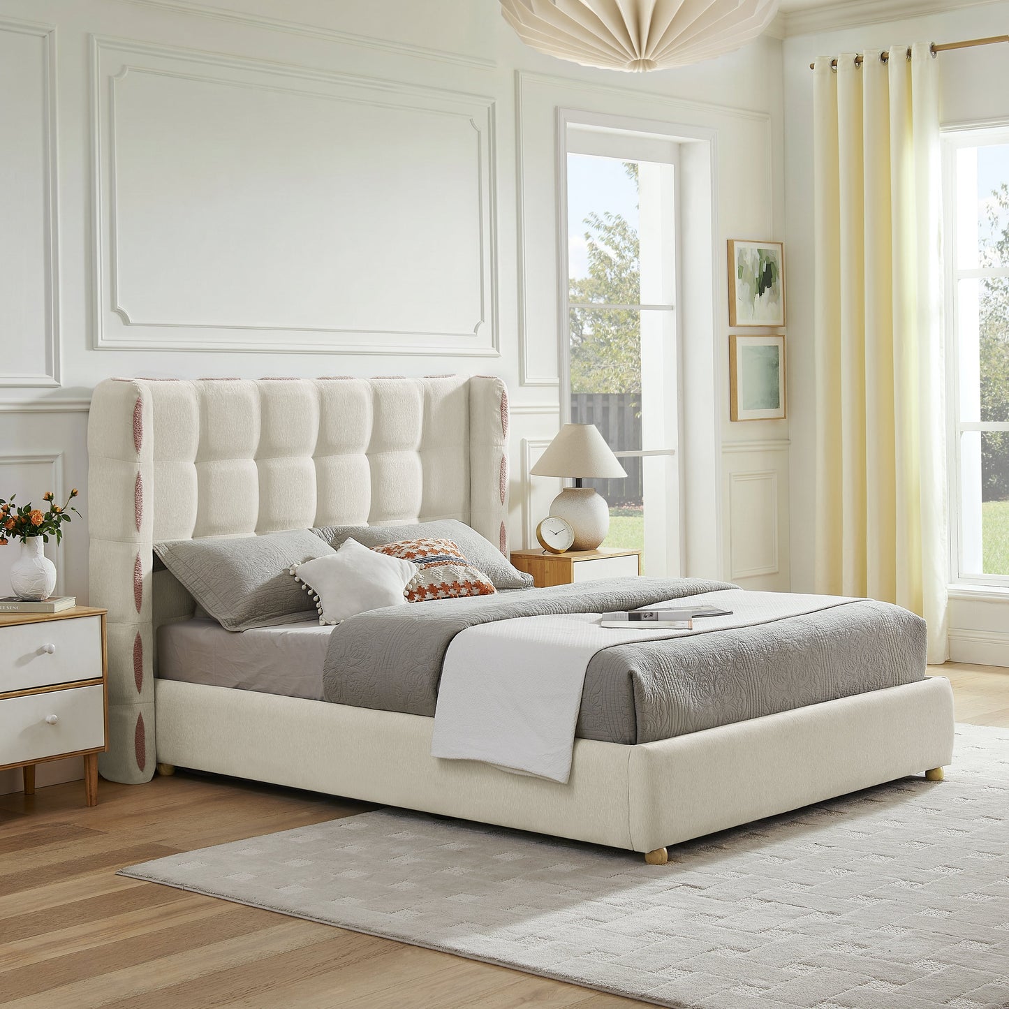 Queen Size Removable Chenille Wingback Upholstered Waffle Bed