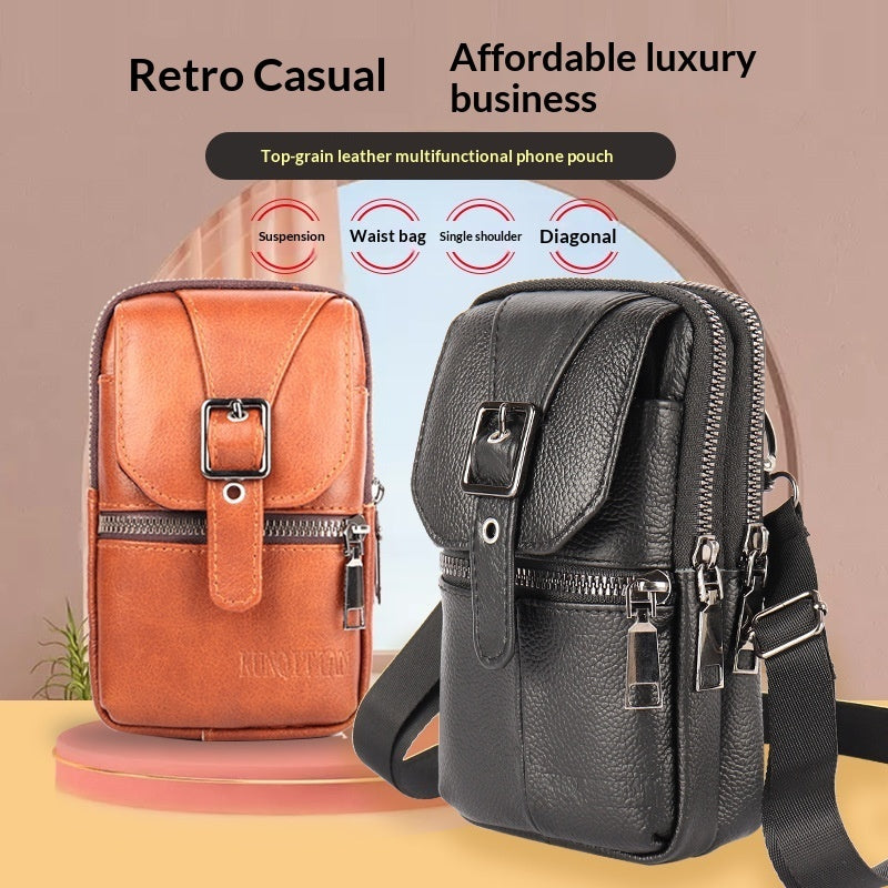 Genuine Leather Belt-Attached Multifunctional Phone Bag Mens Waist Bag