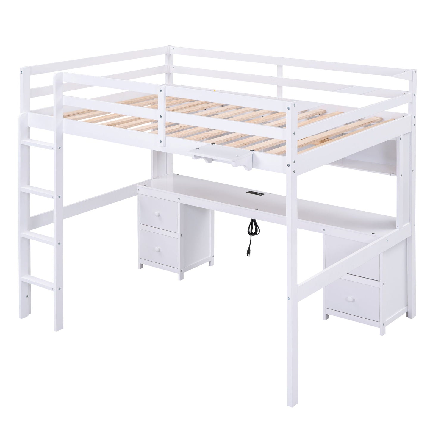 Loft Bed With Desk, Cabinets, Drawers, Charging Station And Bedside Tray
