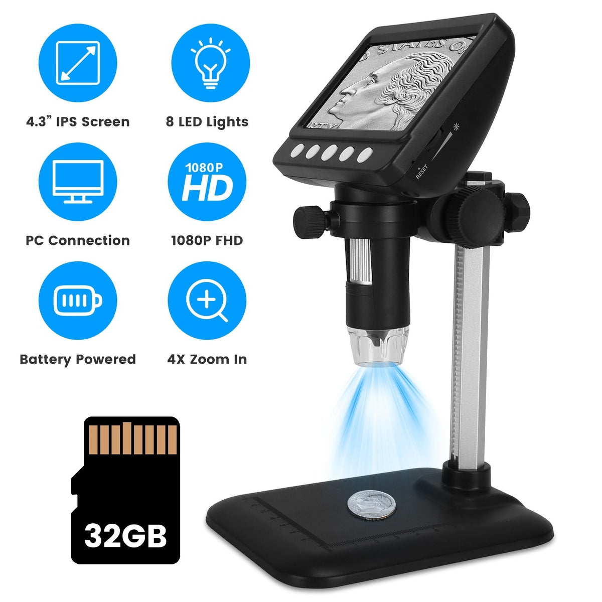 4.3Inch LCD Digital Microscope 1000X 1080P Photo Video Error Coin Magnifier with 8 Dimmable LED Lights PC Views Compatible with MacOS Windows Included