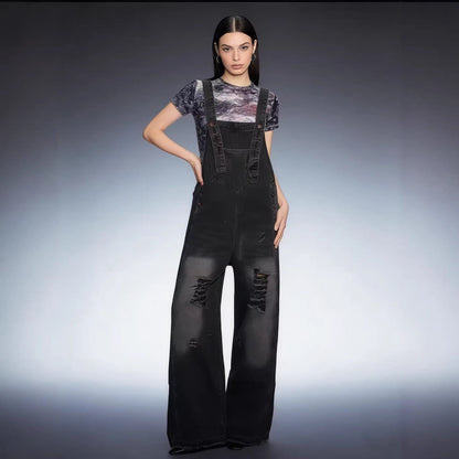 Women's Retro Loose-Fit Wide-Leg Denim Overalls