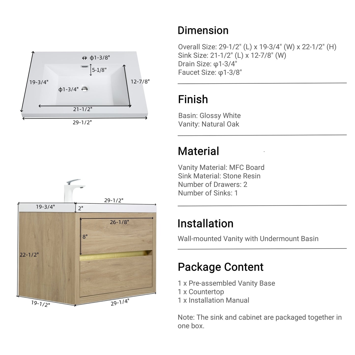 30" Wall-Mounted Bathroom Vanity with Sink, Floating Storage Cabinet