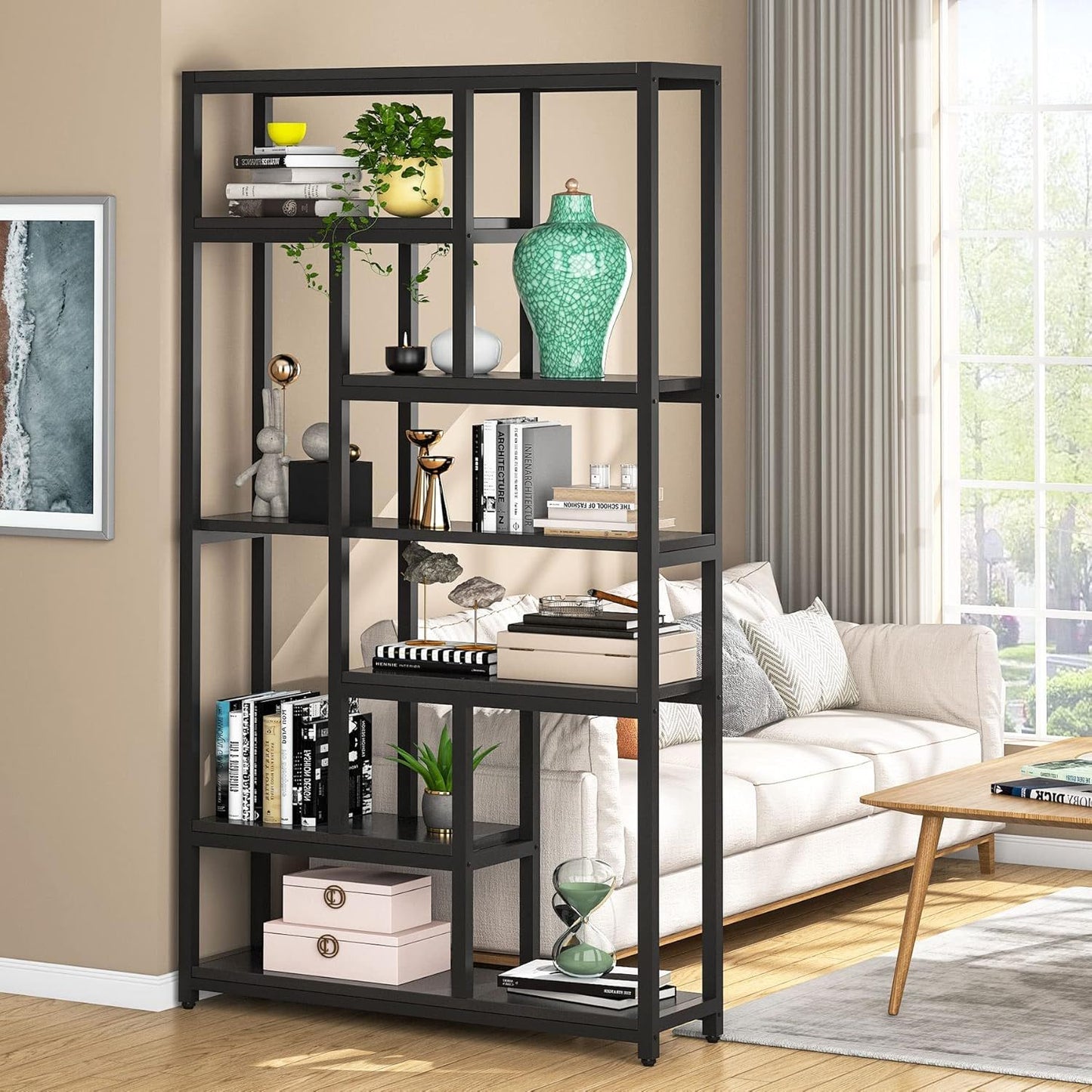 Extra Tall 7 Tier Industrial Etagere Bookcase with 10 Shelves Organizer