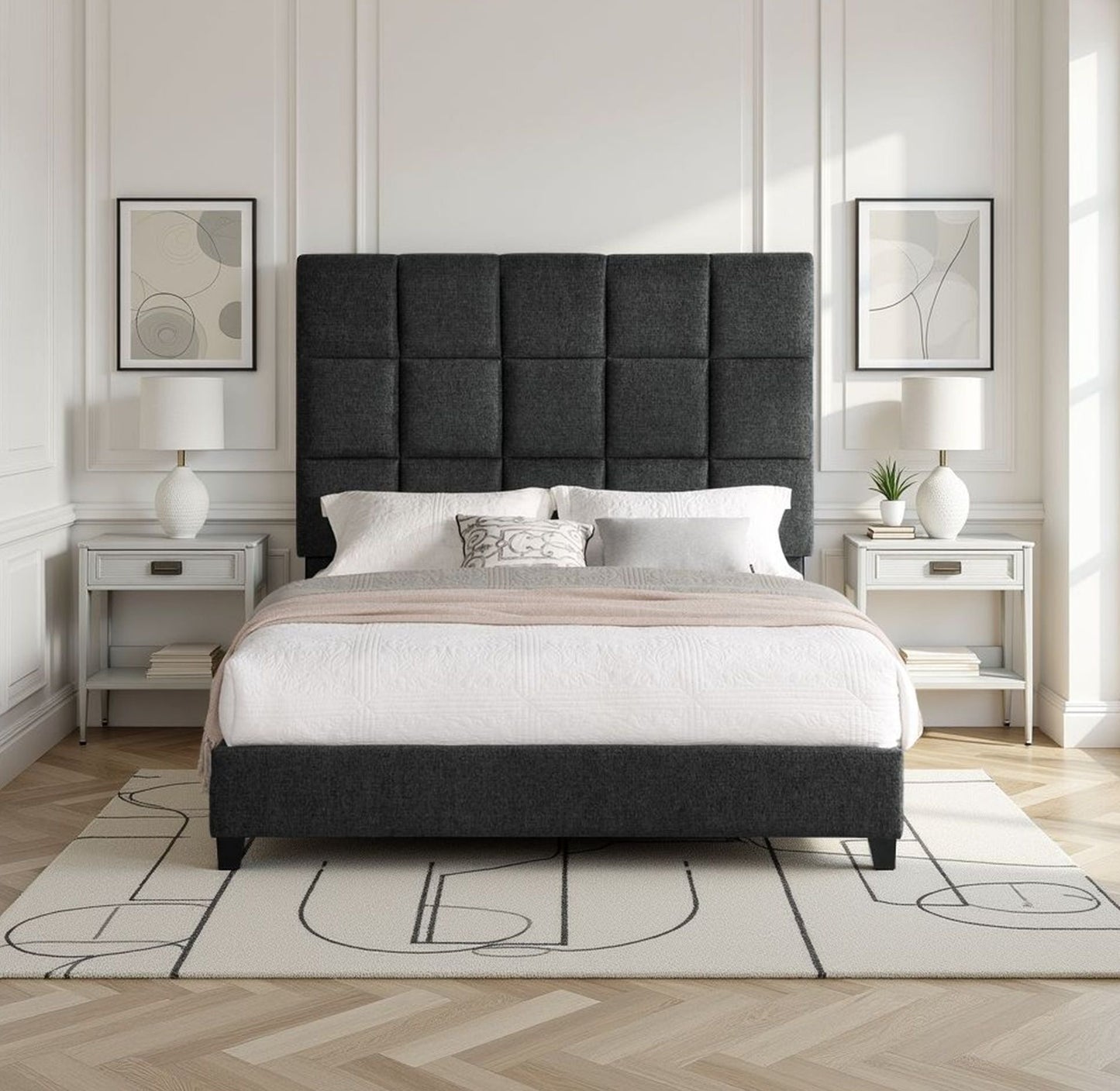 Squares Upholstered Headboard Platform Bed
