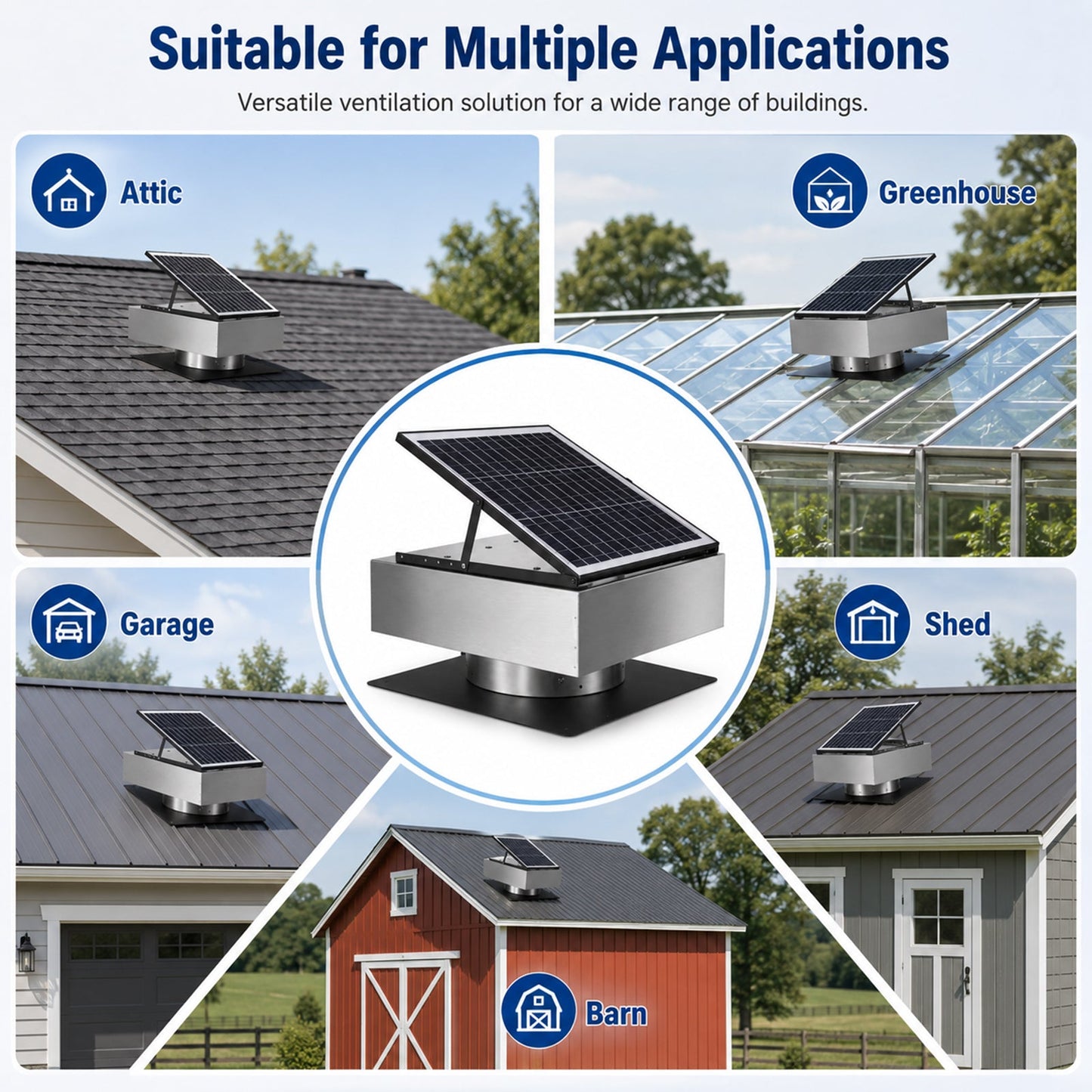 12" Stainless Steel Solar Roof Vent Fan, 40W Tilt Adjustable Solar Panel