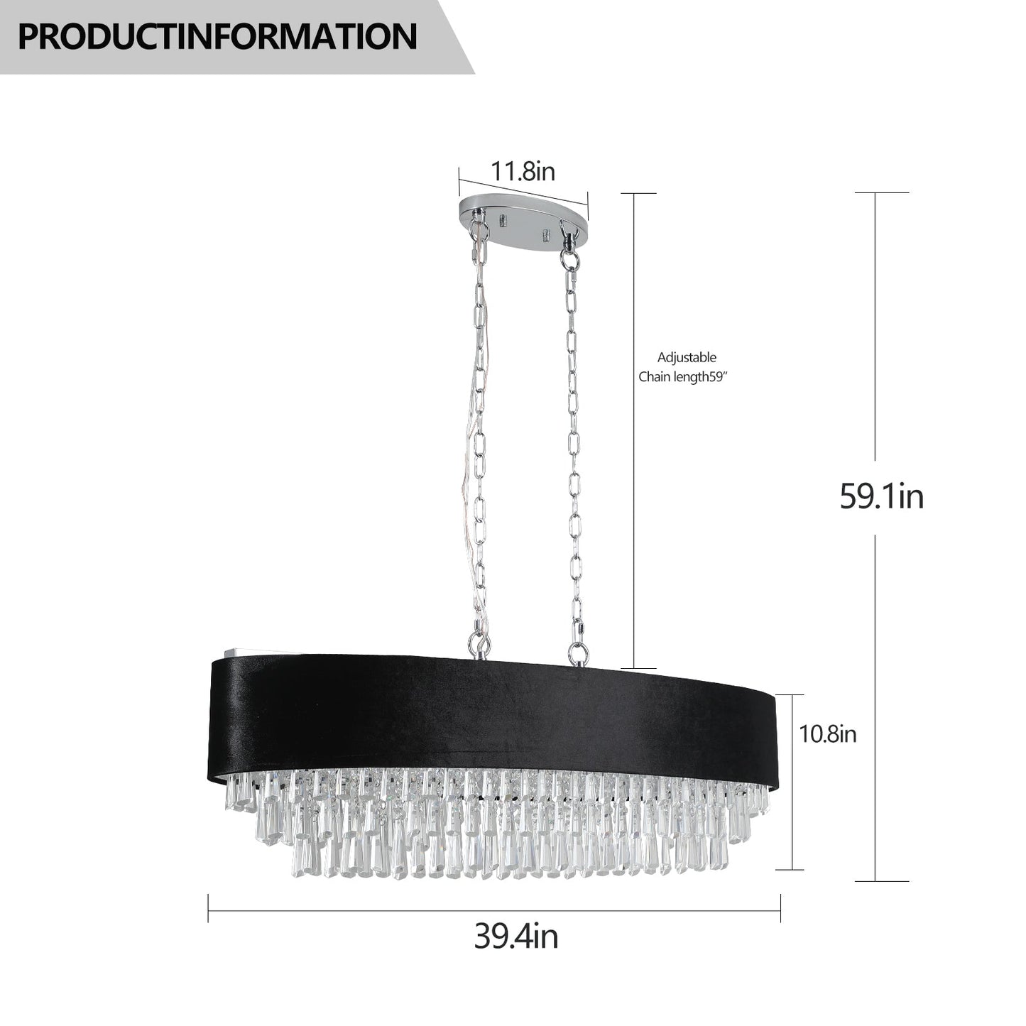 39' Modern Crystal Chandelier with Black Imitation Velvet Shade