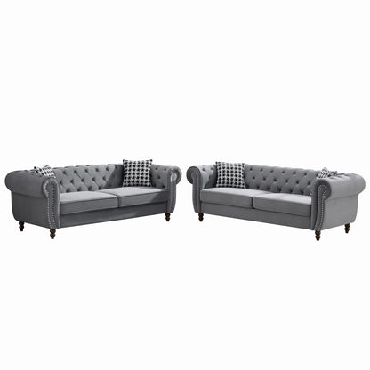 Chesterfield Upholstery Fabric Sofa With Roll Armrest & Nailhead, Mid Century Modern 3 And 3 Seater Couch