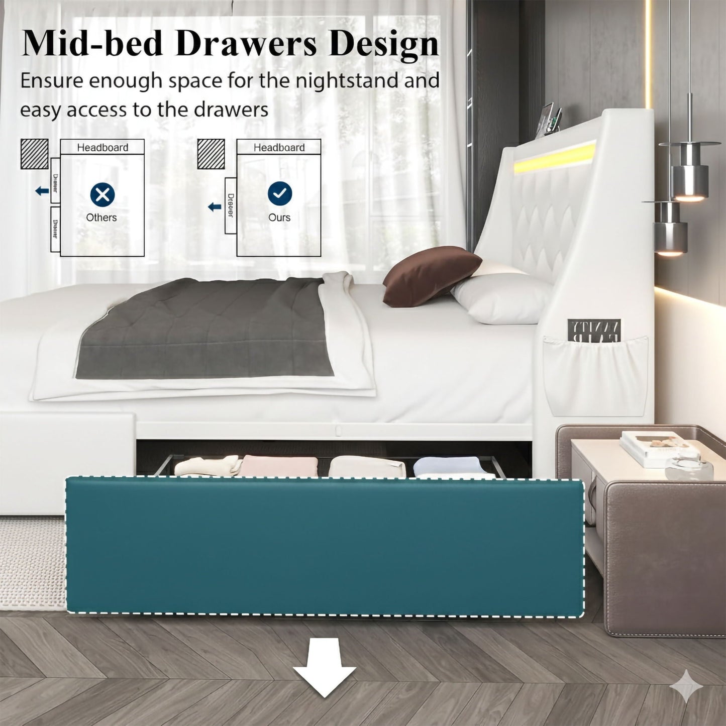 Wingback Upholstered Bed Frame With LED Lights, Charging Station