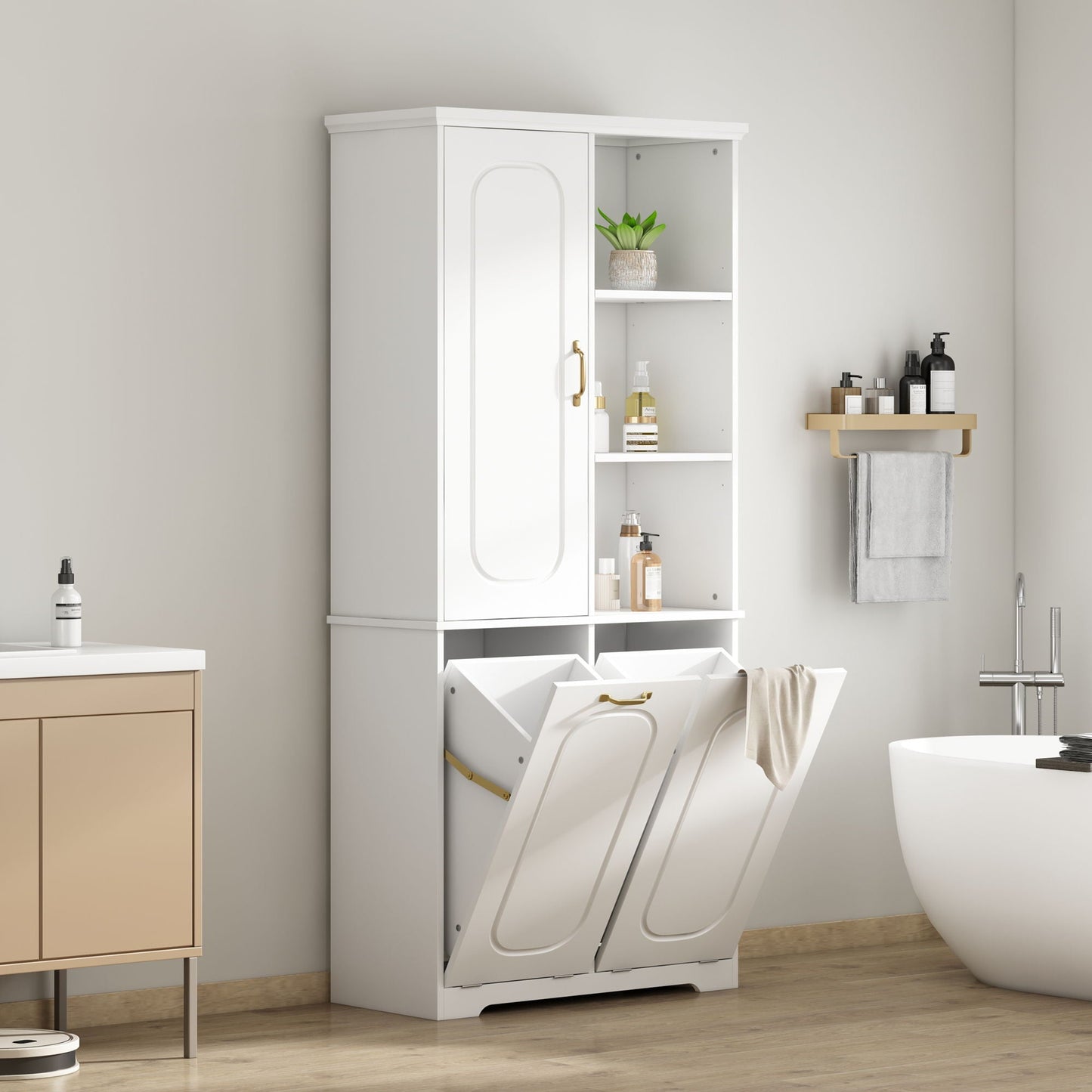 Freestanding Tall Storage Cabinet With 2 Tilt-Out Hampers