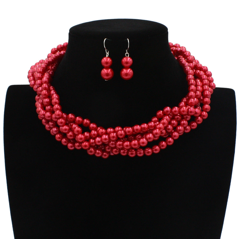 Multilayer Imitation Pearl Earhook Beaded Necklace Short Jewelry Set