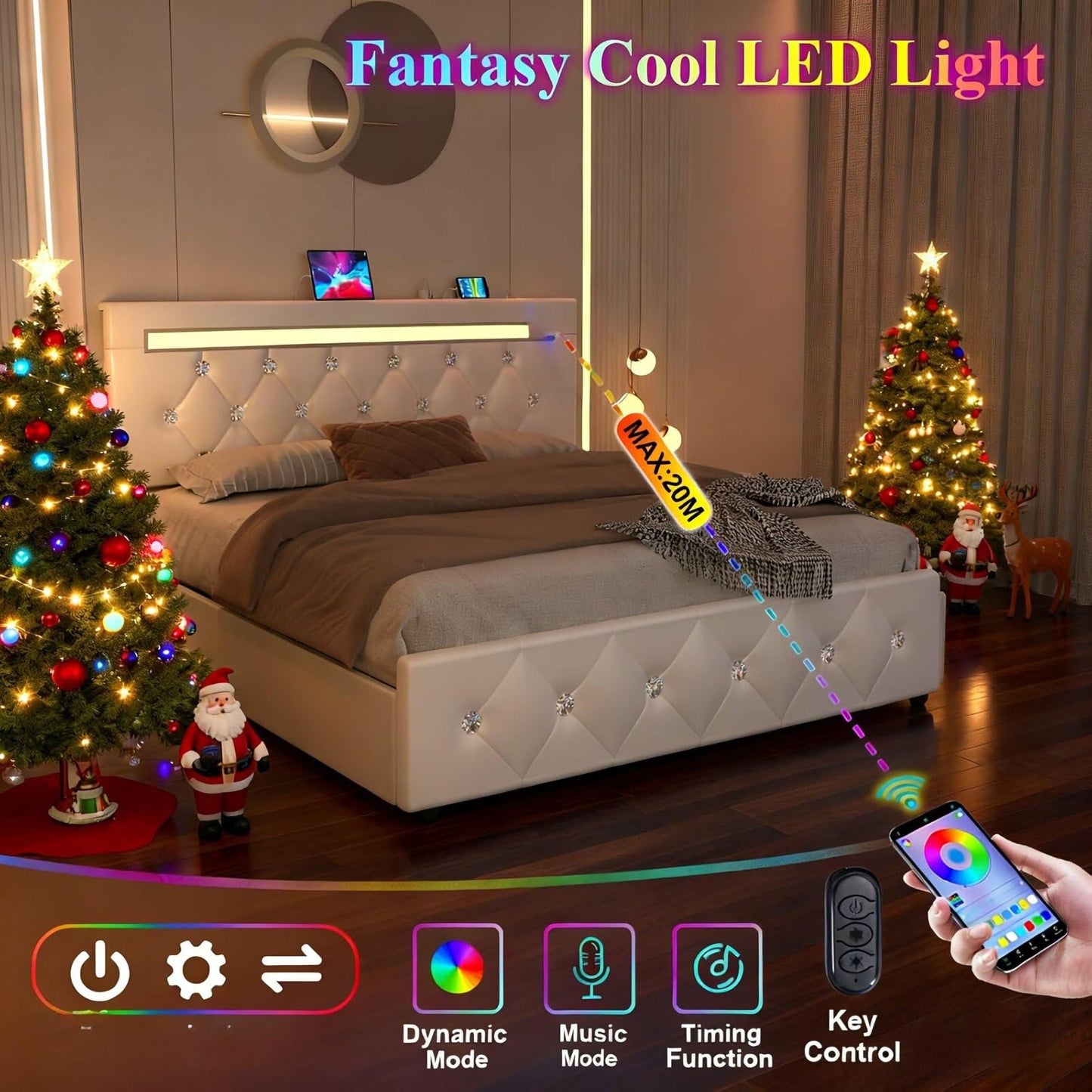 Upholstered Bed Frame With LED Lights, 4 Storage Drawers, Charging Station