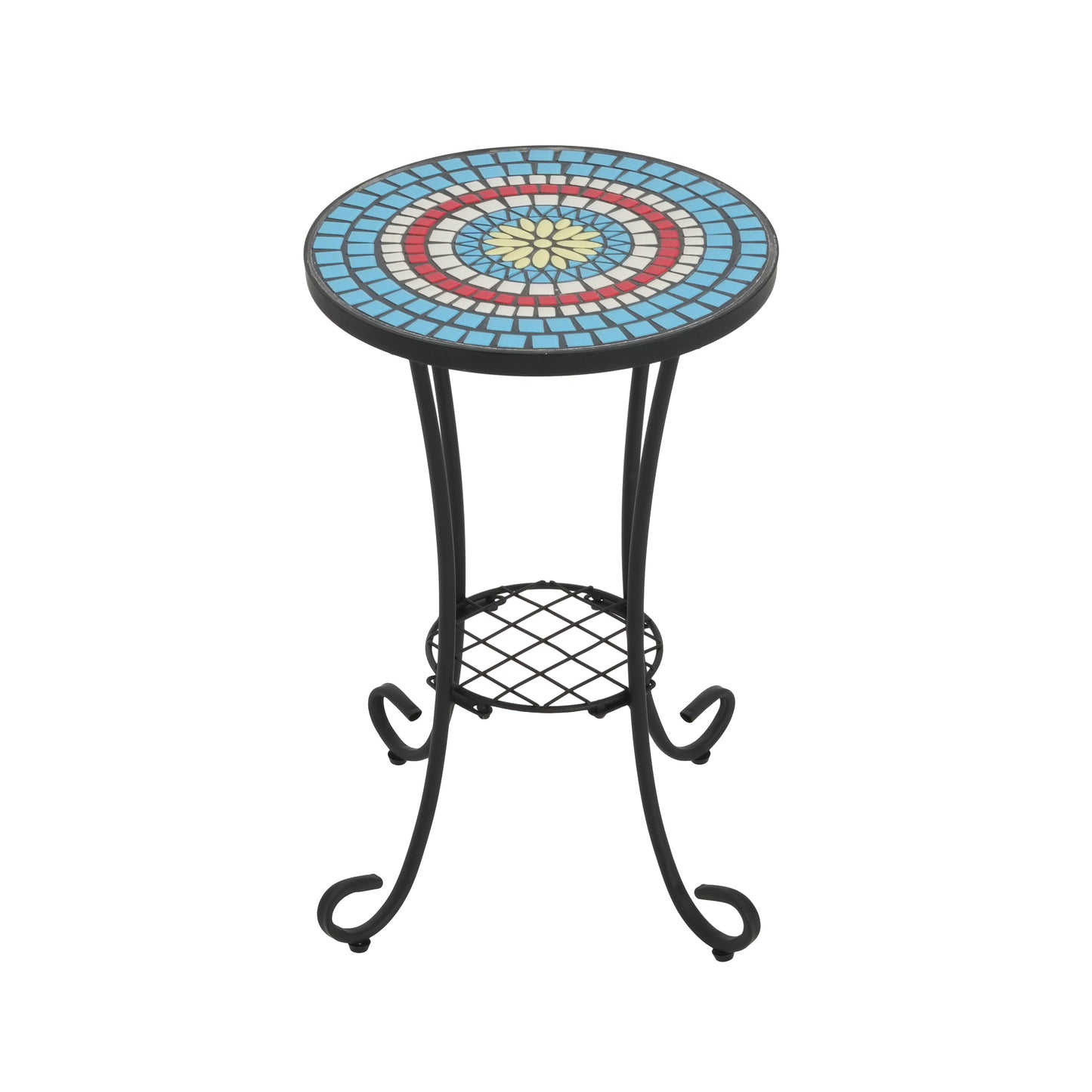 Patio Side Table with Shelf, Blue and Black