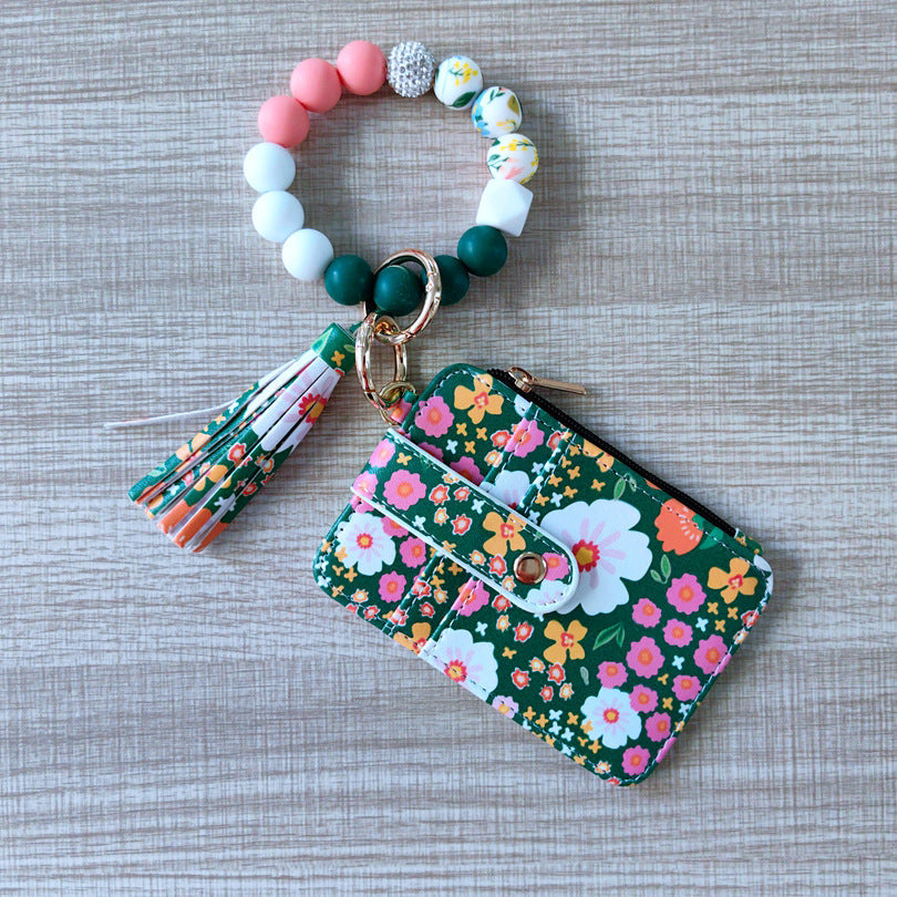 Womens Silicone Bead Bracelet Keychain Cardholder