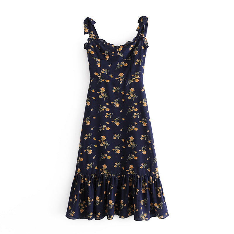NEW  SPRING PRETTY DARK BLUE Floral PRINT SHOULDER STRAP Slim Dress FOR WOMEN