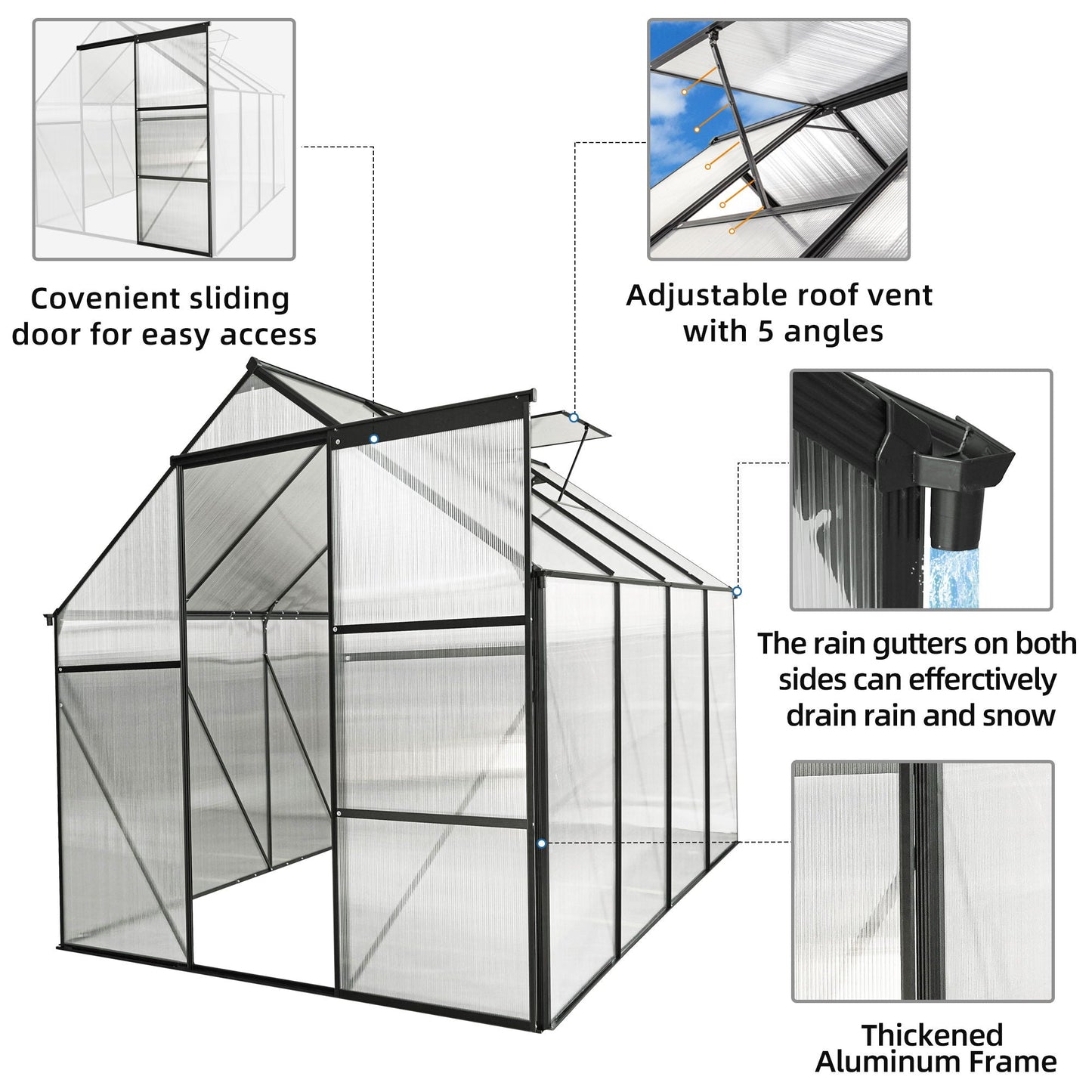 Polycarbonate house Raised Base And Anchor Aluminum Heavy Duty Walk-In houses For Outdoor Backyard In All Season