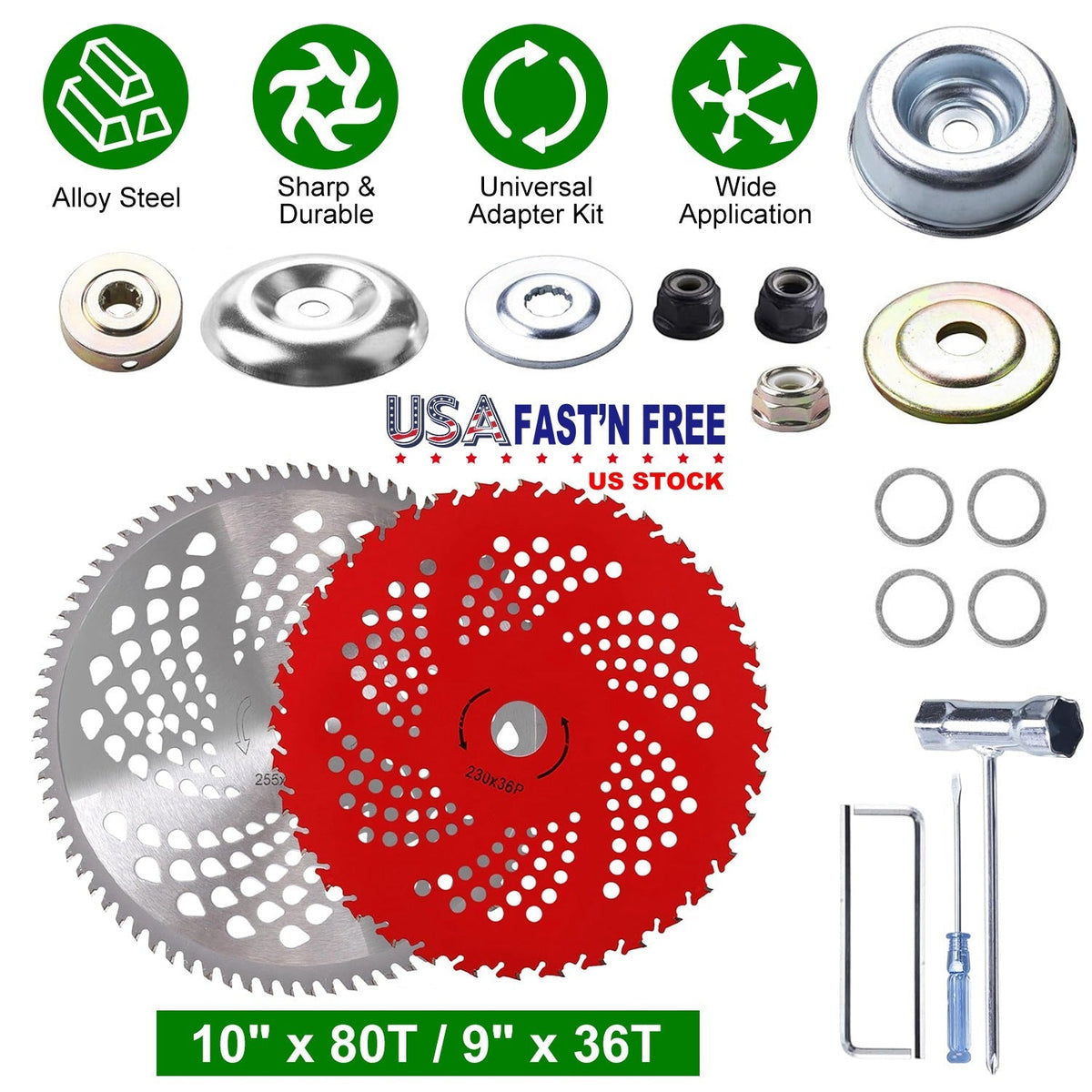 10" x 80T 9" x 36T Carbide Tip Brush Cutter Blades with Universal Adapter Kit Alloy Steel Blades Compatible with Brush Cutter Trimmer Weed Eater