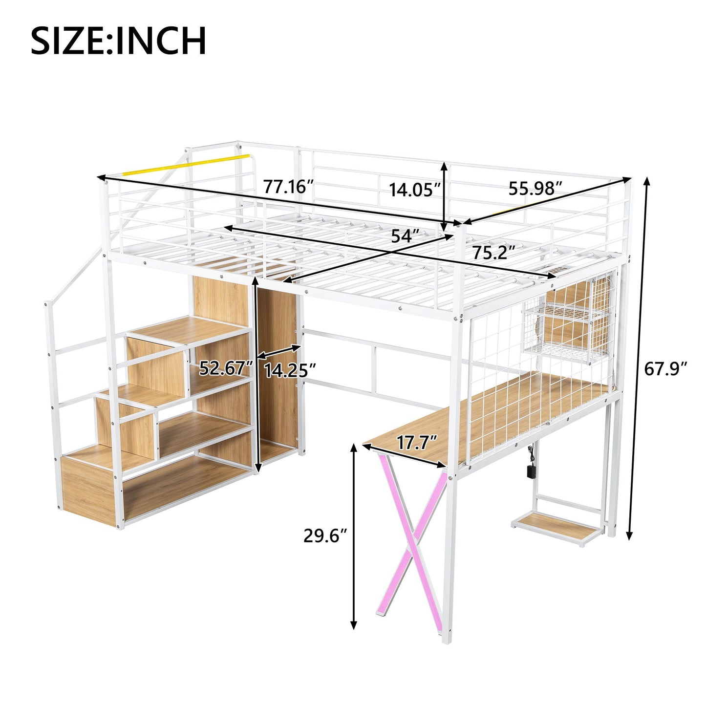 Loft Bed With Built In Work Station, Wardrobe, Storage Staircase And LED