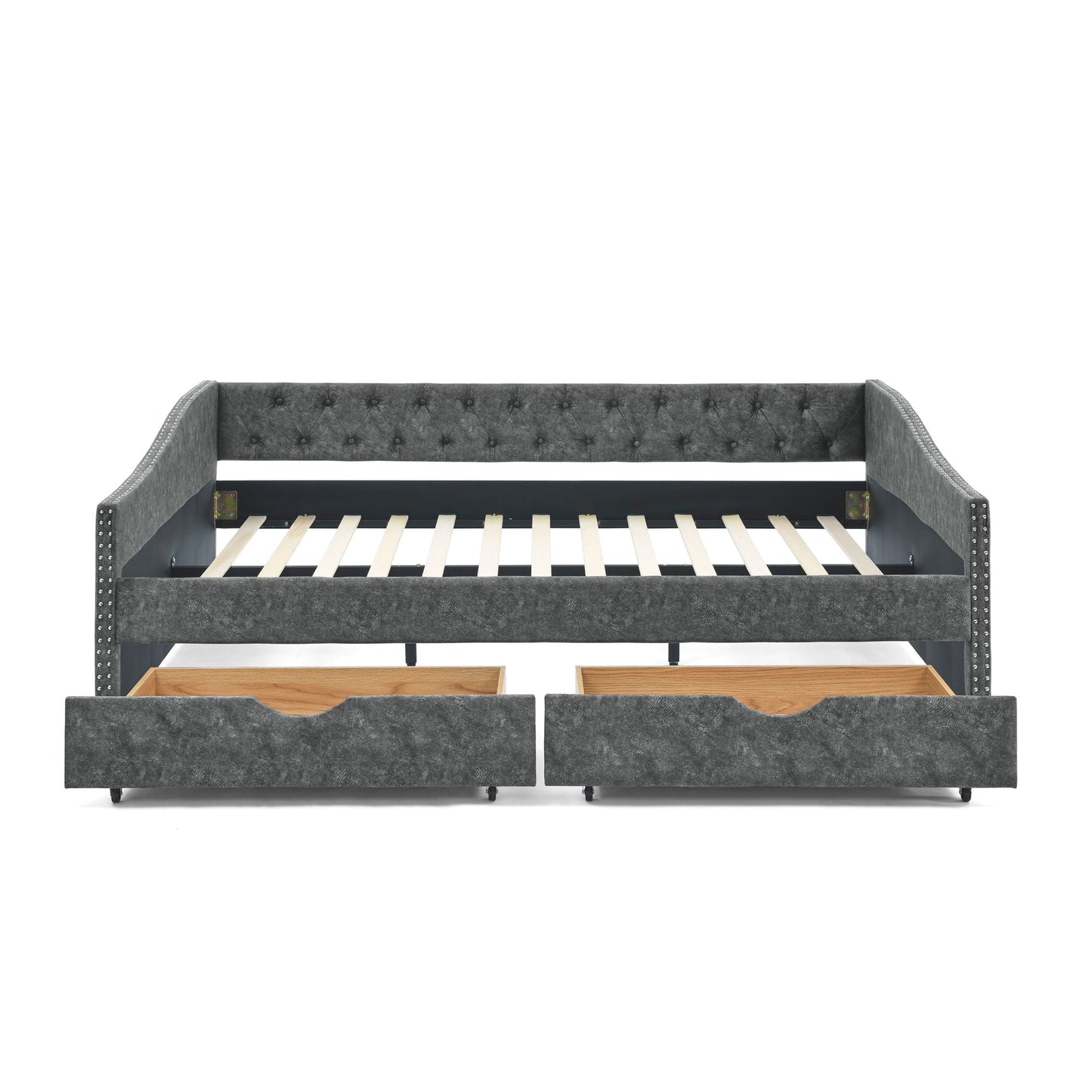 Upholstered Tufted Daybed With 2 Drawers, Waved Arms