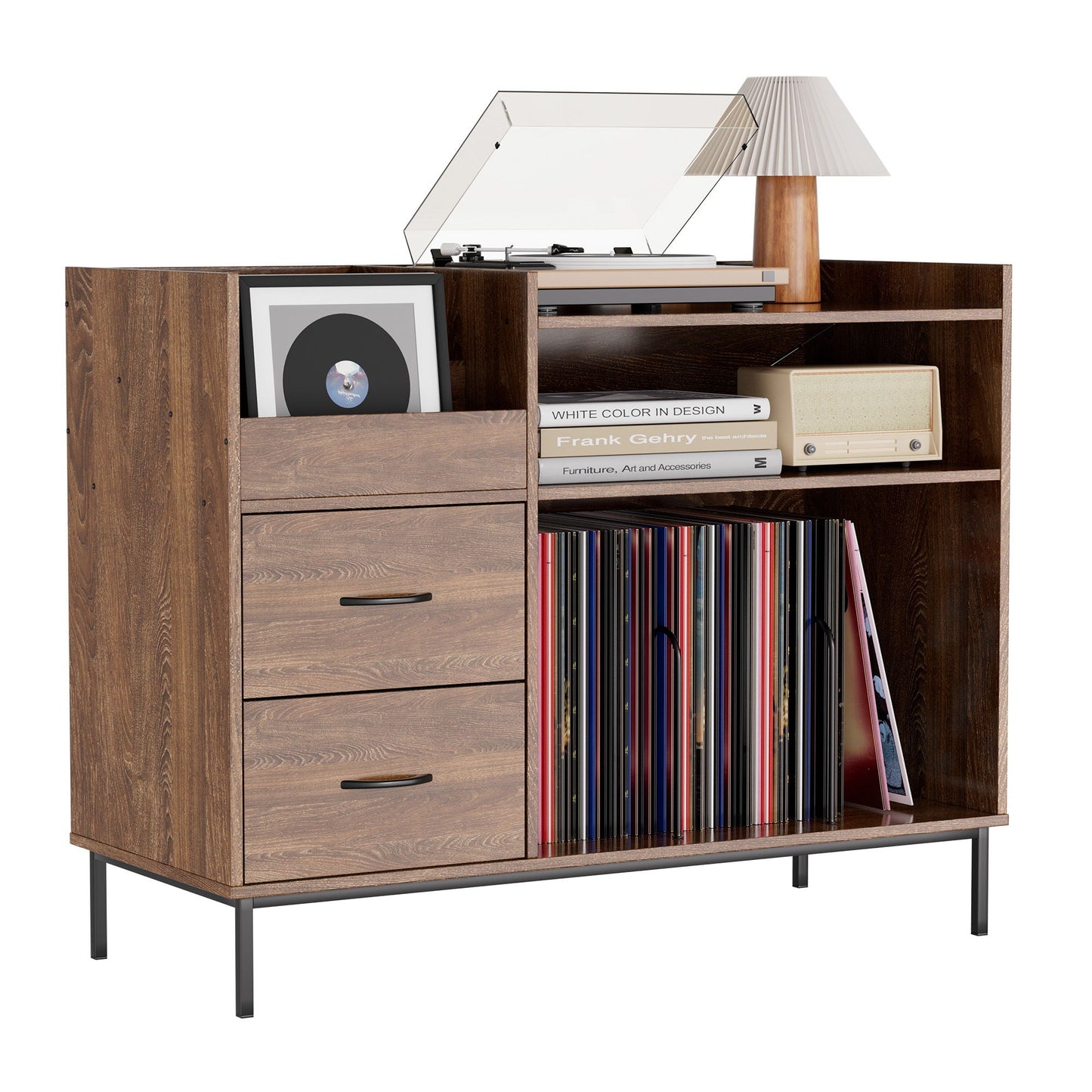 Grain Record Player Stand, Media Console With Speaker Shelf & 2 Drawers