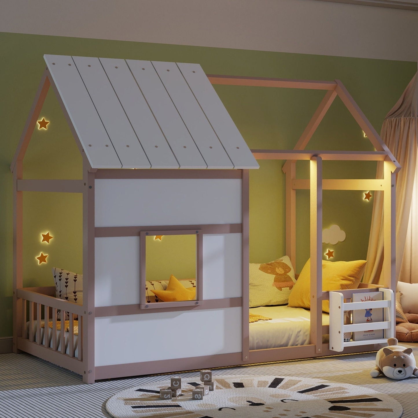 House Floor Bed With 7 Color LED Light, Built In Bookshelf